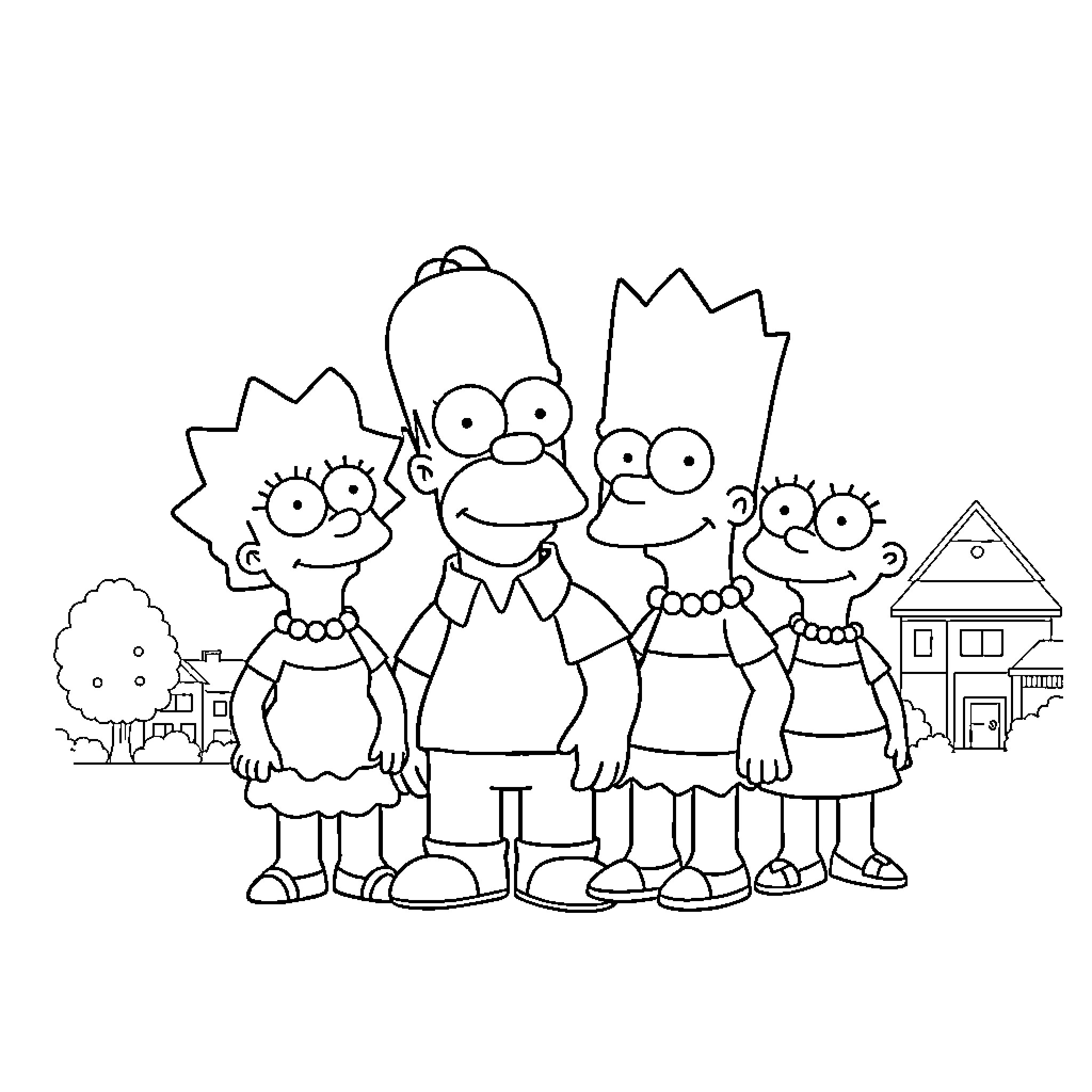 Simpson family posing together in front of their home Coloring Page (free black-and-white line drawing printable PDF for all, from beginners to advanced learners, including children, teens, adults, and seniors)