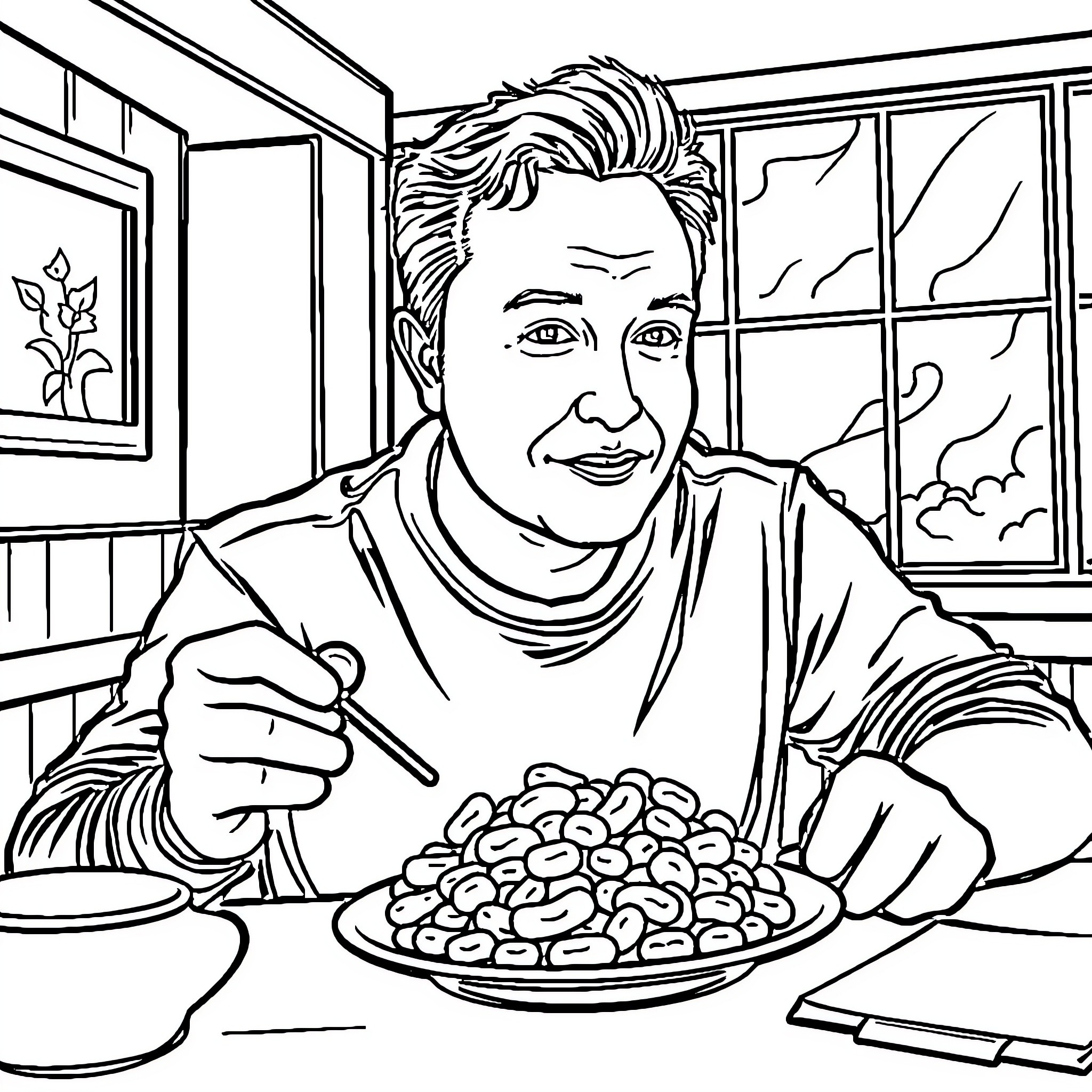 Elon Musk Enjoying a Hearty Meal Coloring Page (free black-and-white line drawing printable PDF for all, from beginners to advanced learners, including children, teens, adults, and seniors)