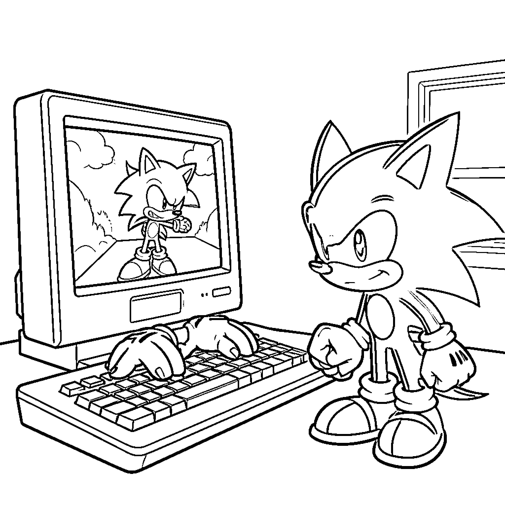 Sonic staring intensely at his character on a computer Coloring Page (free black-and-white line drawing printable PDF for all, from beginners to advanced learners, including children, teens, adults, and seniors)