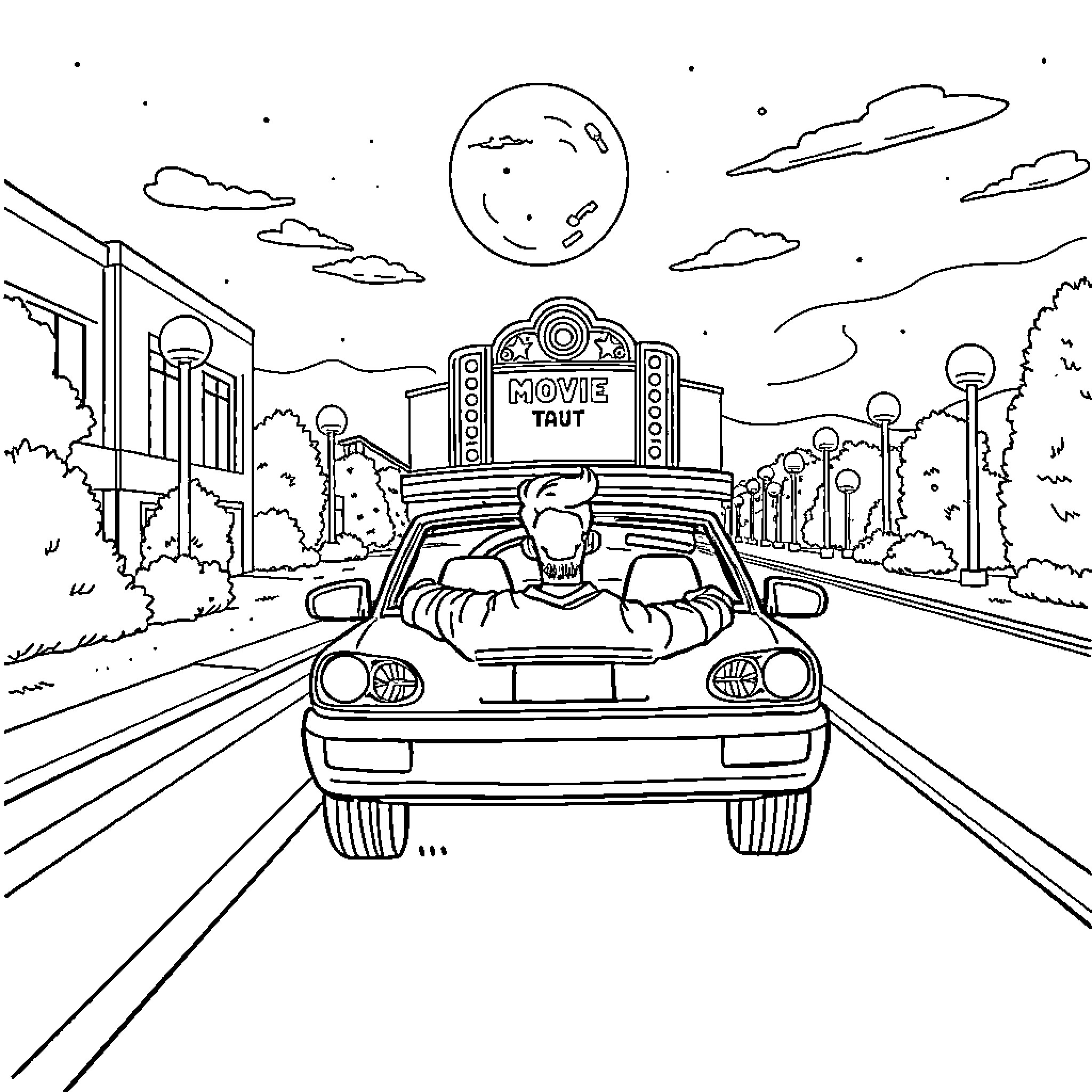 Guy driving car at night to the movie theater Coloring Page (free black-and-white line drawing printable PDF for all, from beginners to advanced learners, including children, teens, adults, and seniors)