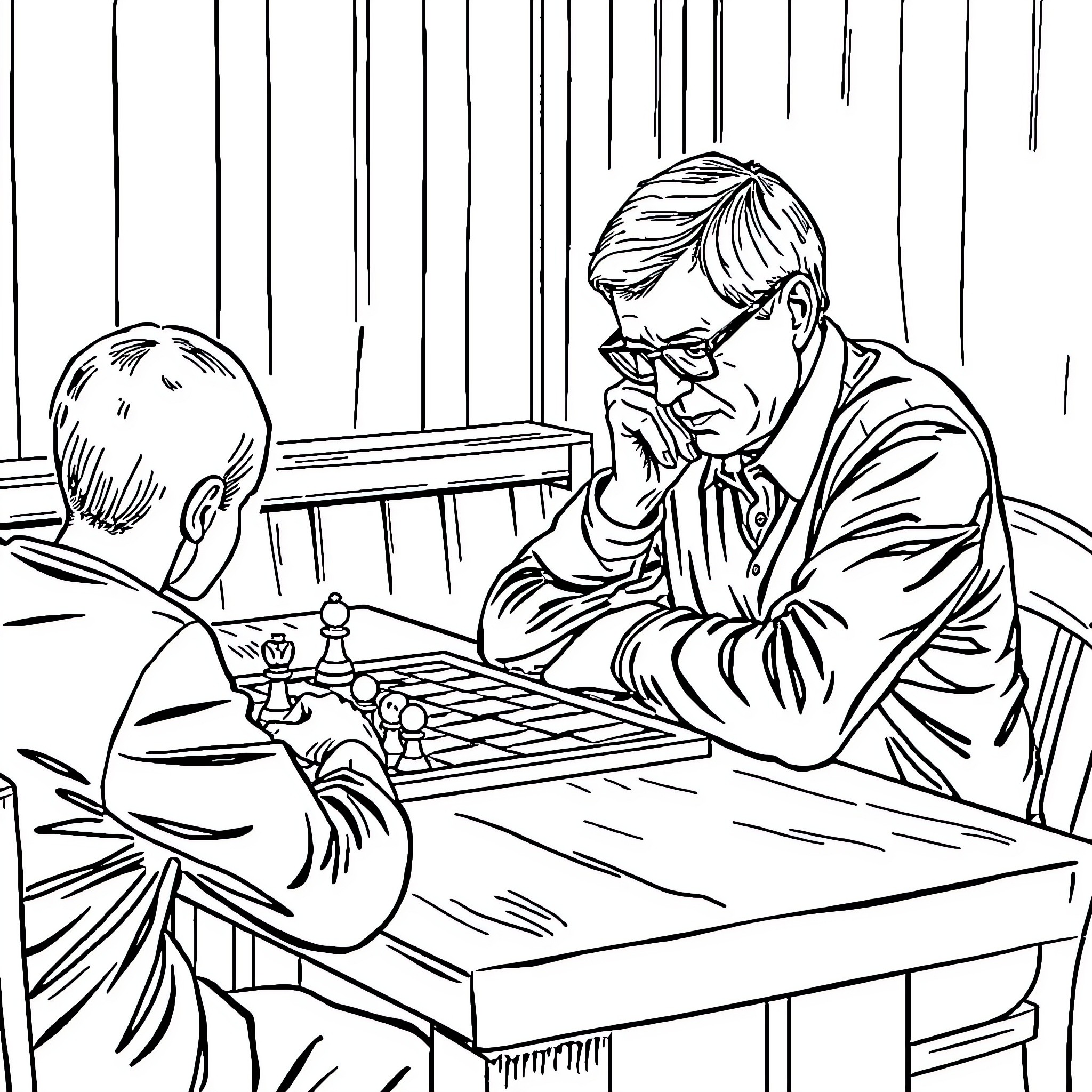Bill Gates playing chess with a young man Coloring Page (free black-and-white line drawing printable PDF for all, from beginners to advanced learners, including children, teens, adults, and seniors)