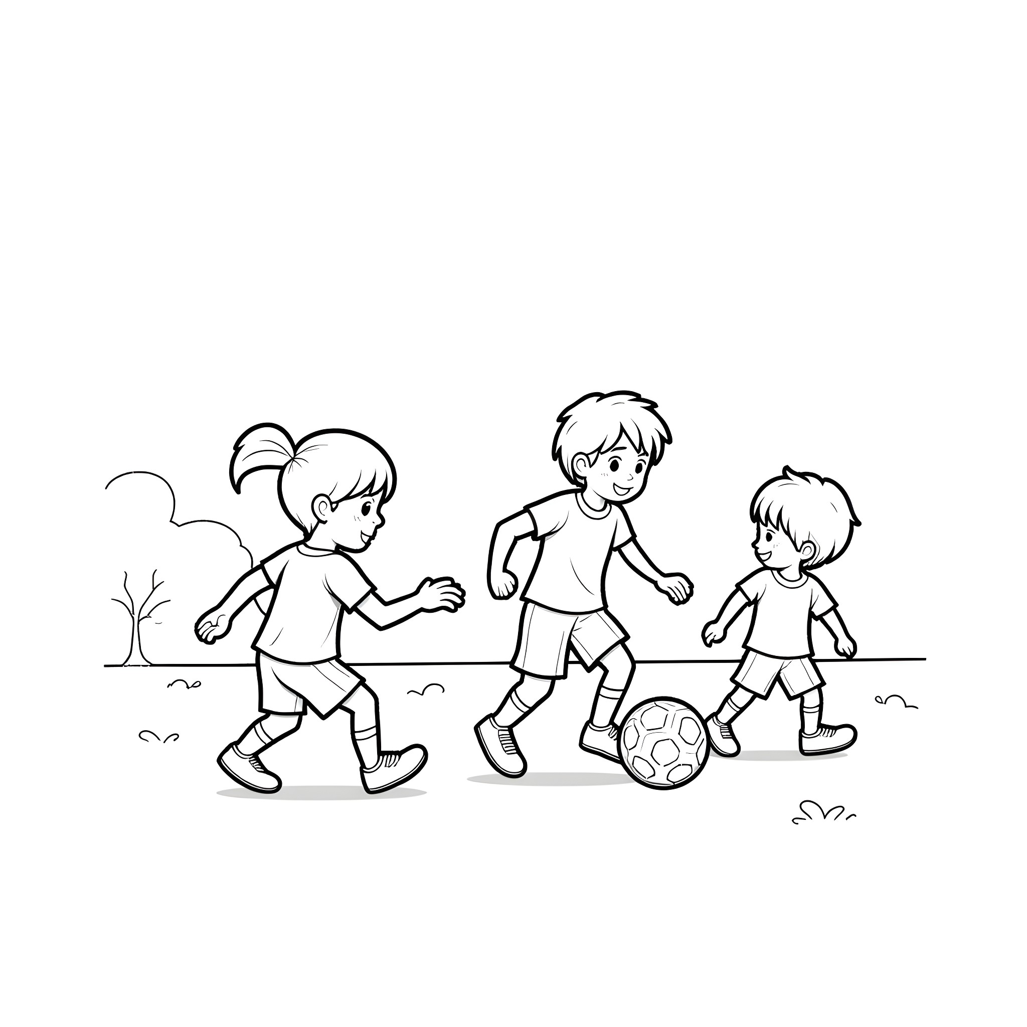 Bluey playing soccer with friends Coloring Page (free black-and-white line drawing printable PDF for all, from beginners to advanced learners, including children, teens, adults, and seniors)