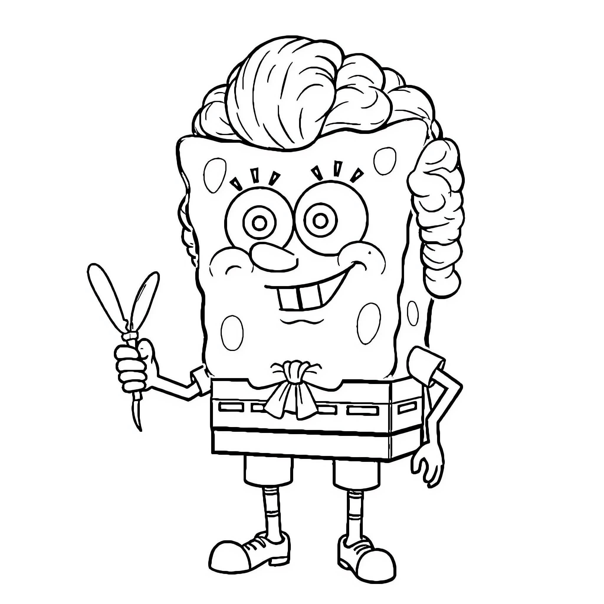 Spongebob holding a pair of scissors Coloring Page (free black-and-white line drawing printable PDF for all, from beginners to advanced learners, including children, teens, adults, and seniors)