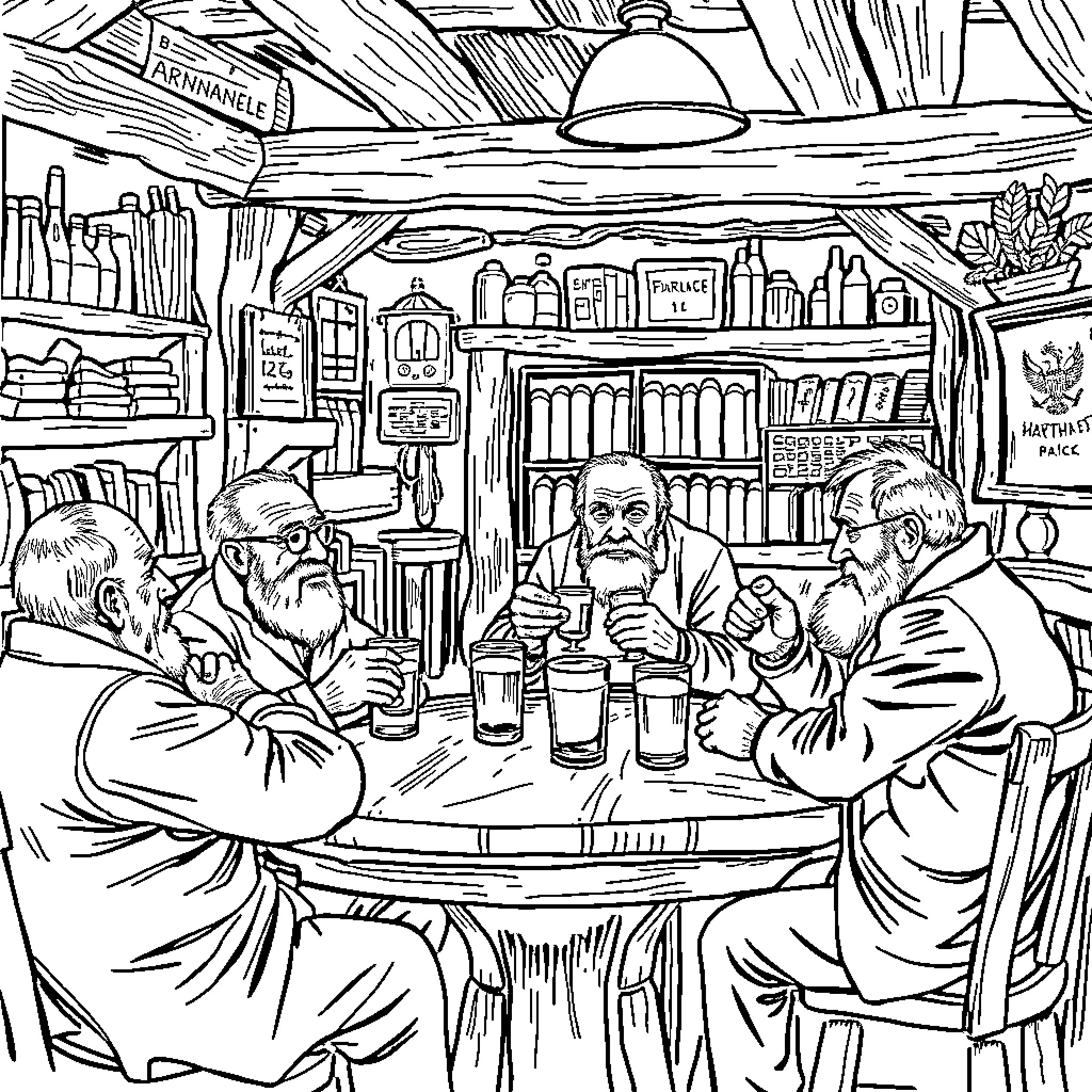 Men Conversing Over Drinks in a Cozy Tavern Coloring Page (free black-and-white line drawing printable PDF for all, from beginners to advanced learners, including children, teens, adults, and seniors)