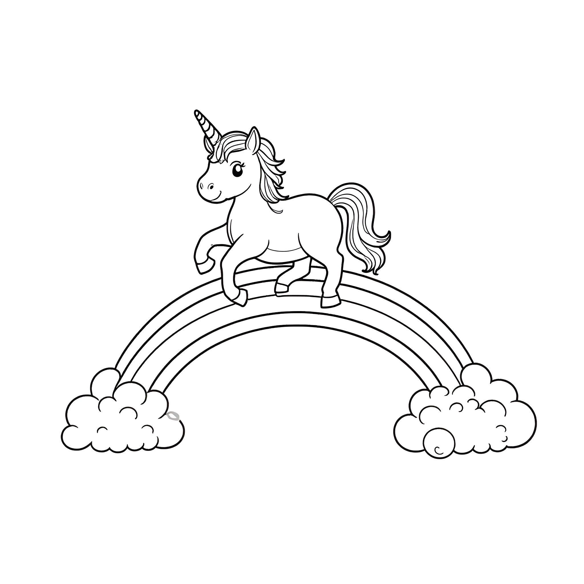 Unicorn running joyfully on a rainbow Coloring Page (free black-and-white line drawing printable PDF for all, from beginners to advanced learners, including children, teens, adults, and seniors)