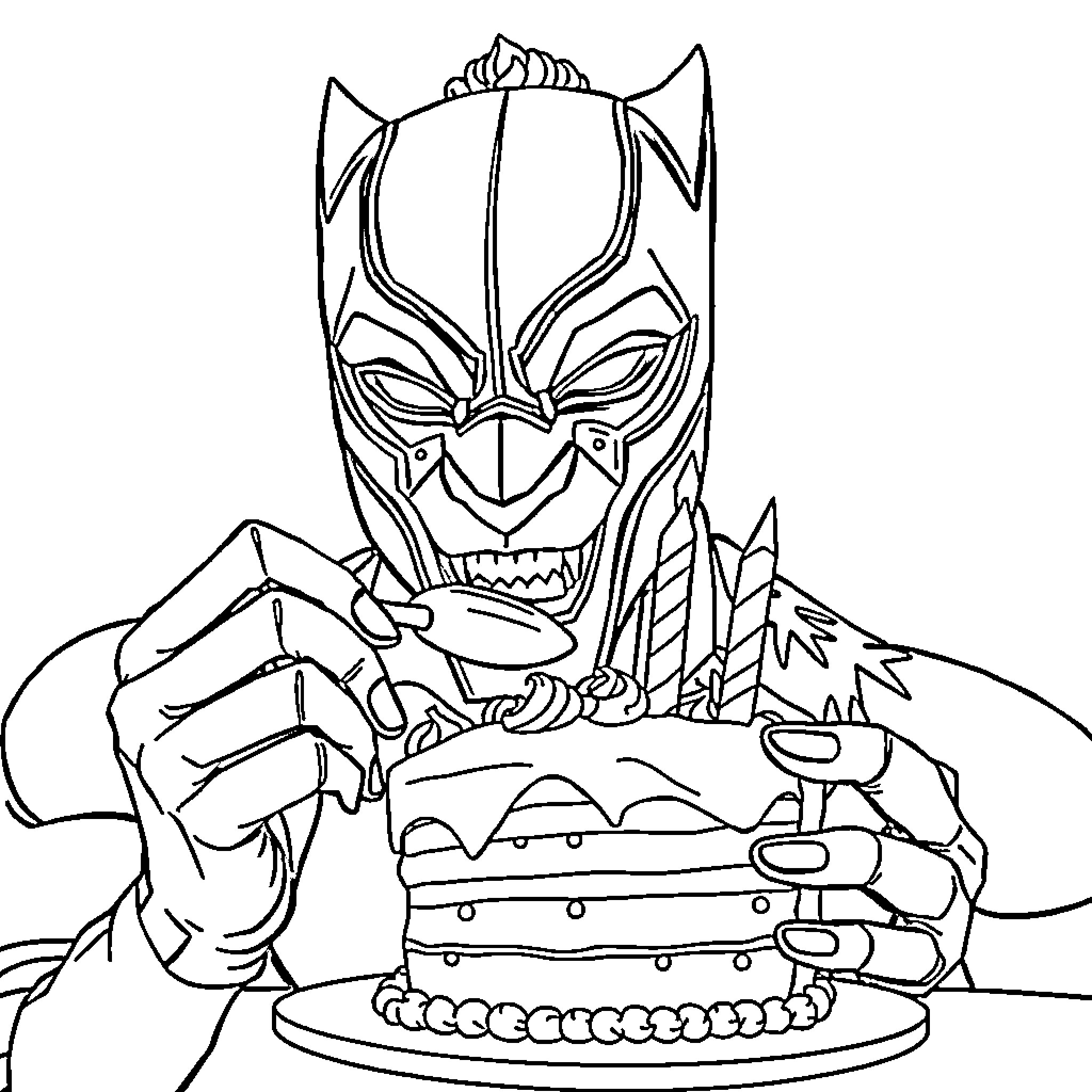 Black Panther Warrior Enjoying Cake Coloring Page (free black-and-white line drawing printable PDF for all, from beginners to advanced learners, including children, teens, adults, and seniors)