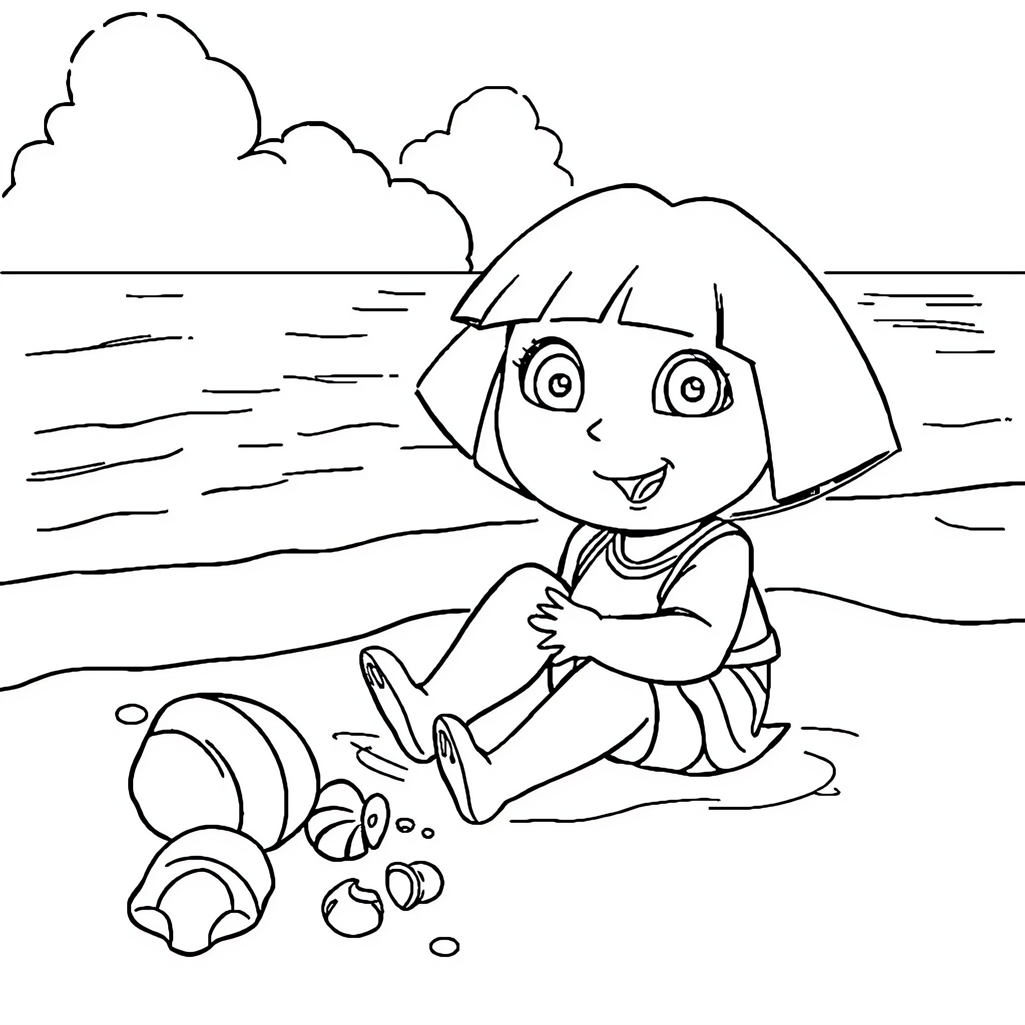 Dora enjoying a day at the beach Coloring Page (free black-and-white line drawing printable PDF for all, from beginners to advanced learners, including children, teens, adults, and seniors)