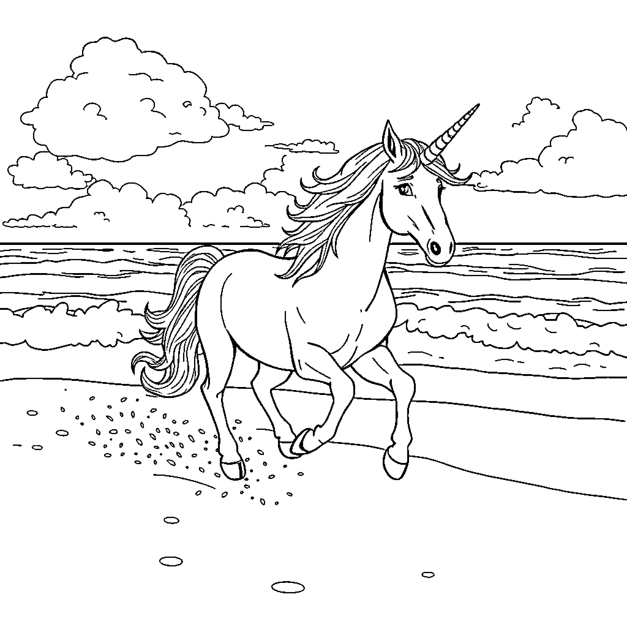 Unicorn running gracefully on the beach Coloring Page (free black-and-white line drawing printable PDF for all, from beginners to advanced learners, including children, teens, adults, and seniors)