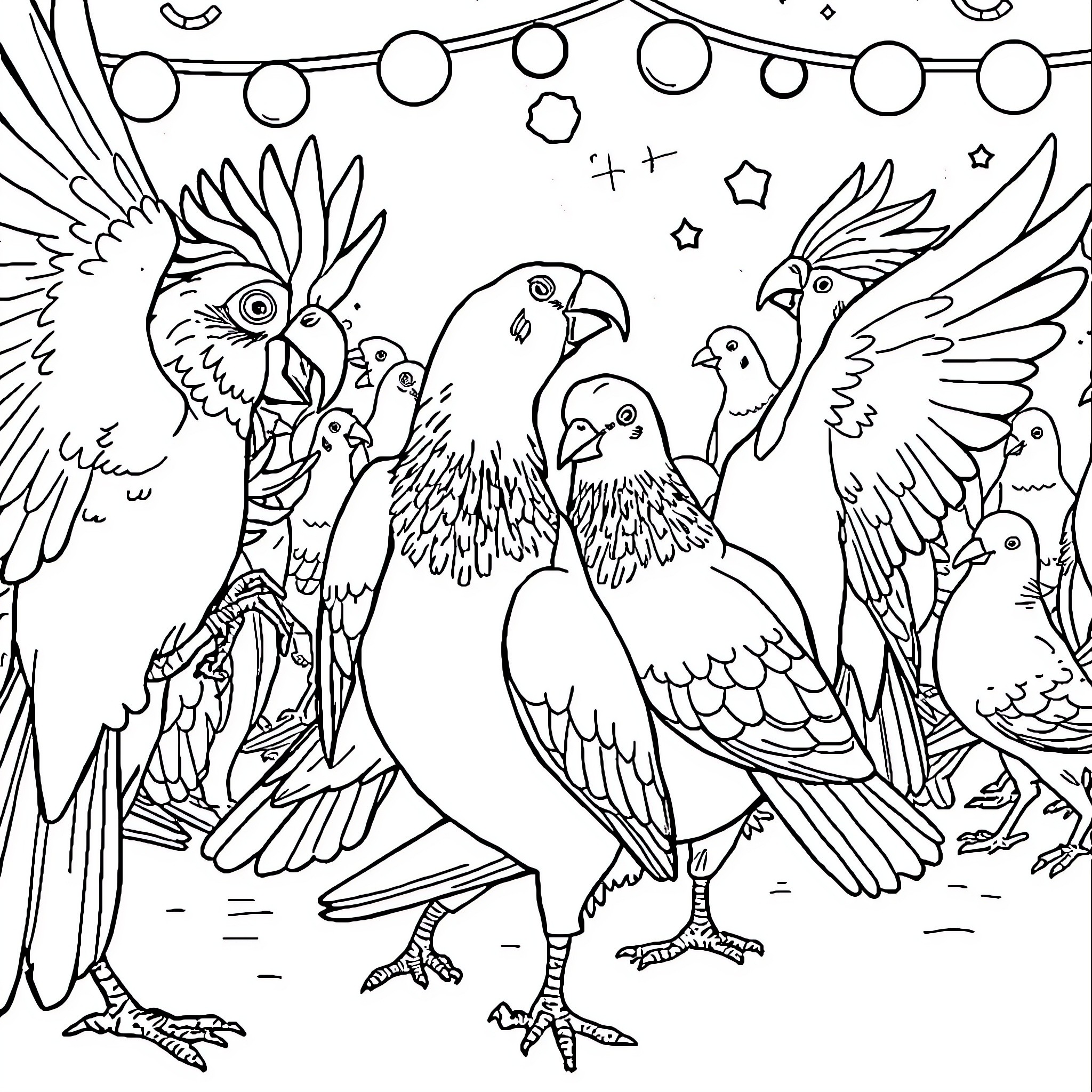 Cockatoos in a lively gathering Coloring Page (free black-and-white line drawing printable PDF for all, from beginners to advanced learners, including children, teens, adults, and seniors)