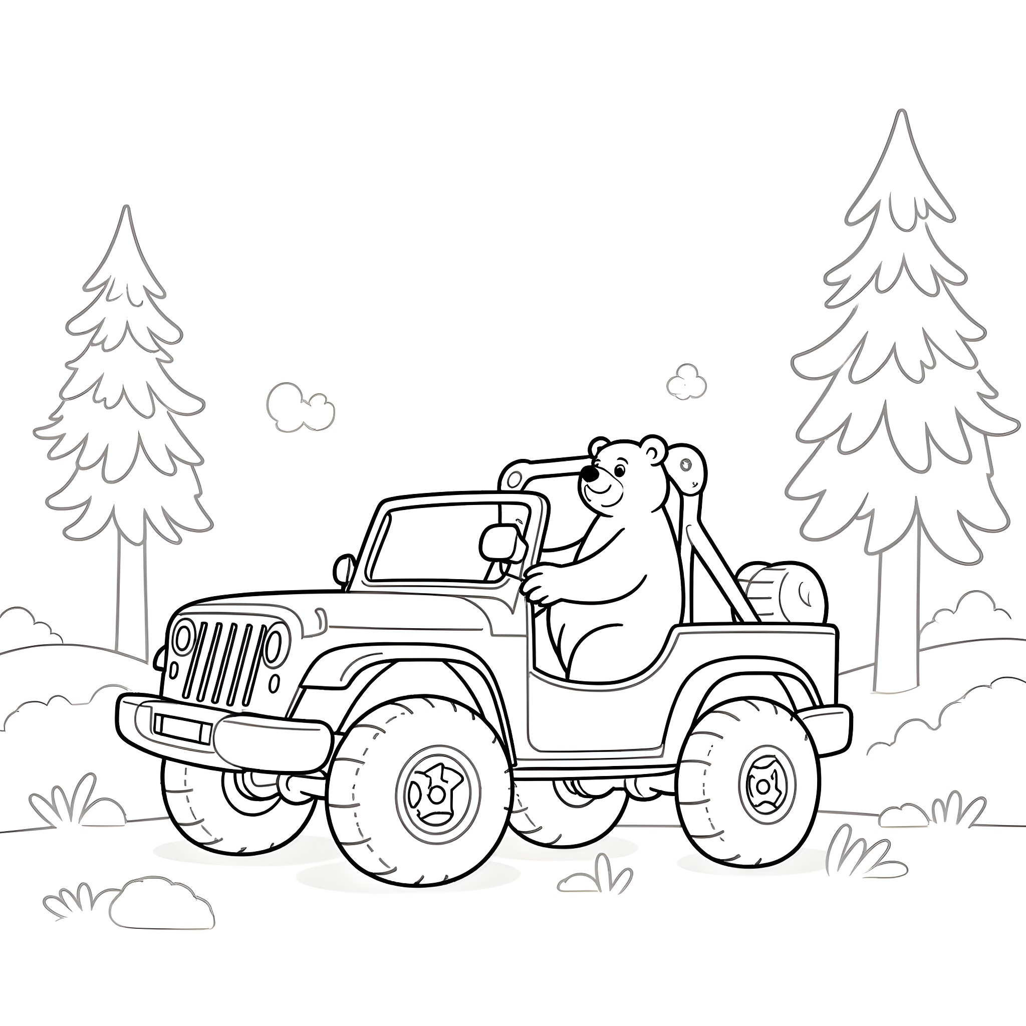 Bear driving a jeep through the forest Coloring Page (free black-and-white line drawing printable PDF for all, from beginners to advanced learners, including children, teens, adults, and seniors)