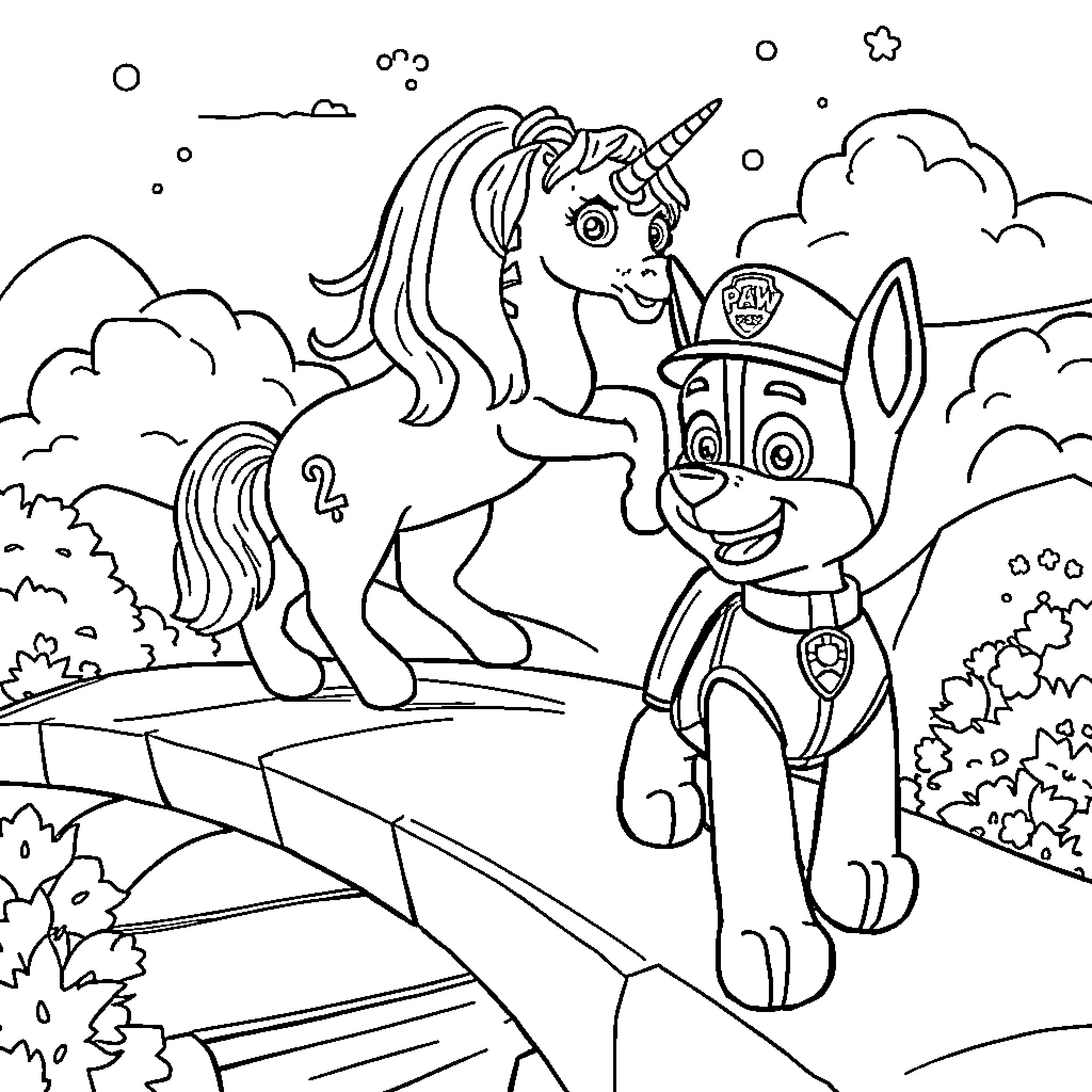 Paw Patrol Puppy Meets Unicorn in the Forest Coloring Page (free black-and-white line drawing printable PDF for all, from beginners to advanced learners, including children, teens, adults, and seniors)