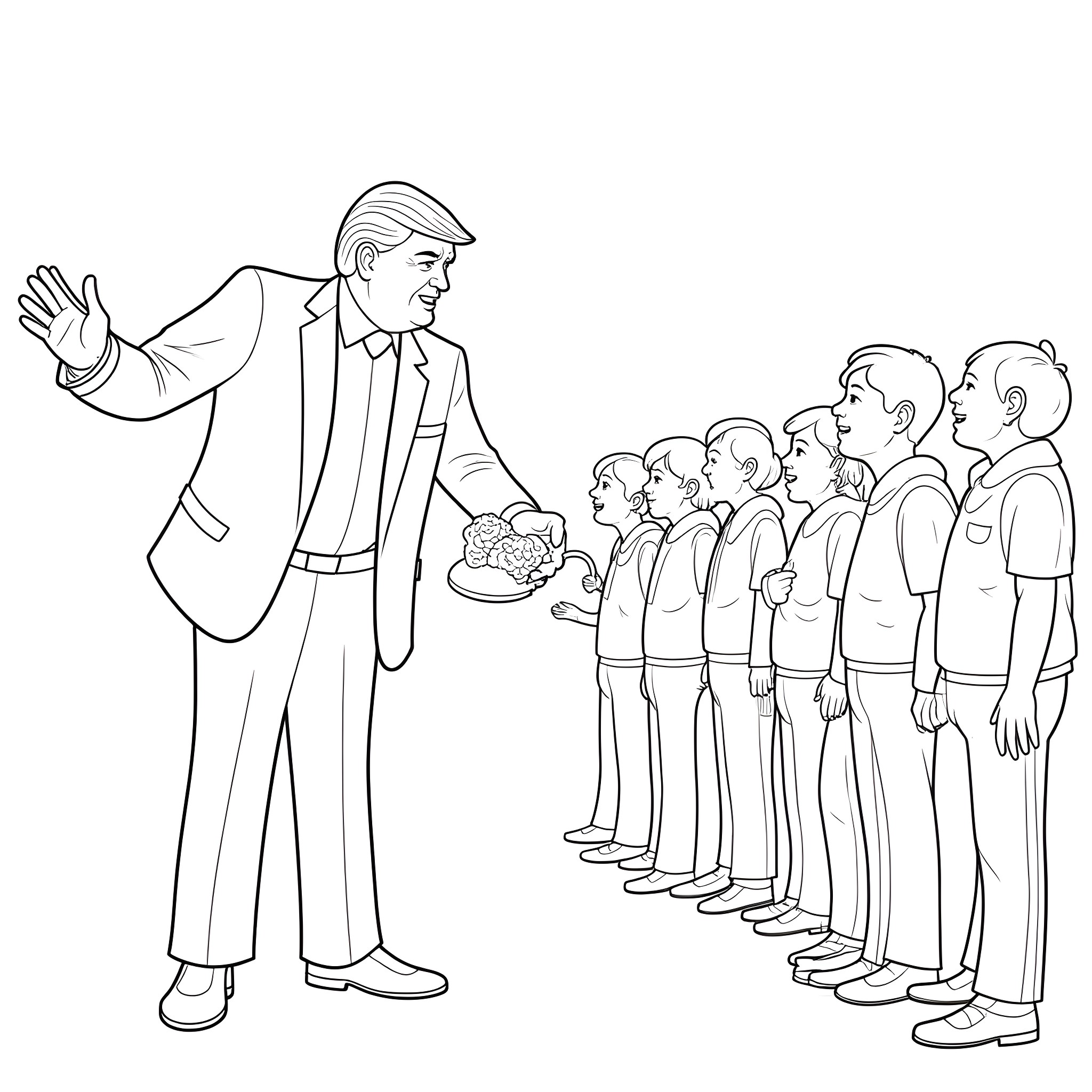 Trump Engaging with Supporters in Formal Attire Coloring Page (free black-and-white line drawing printable PDF for all, from beginners to advanced learners, including children, teens, adults, and seniors)