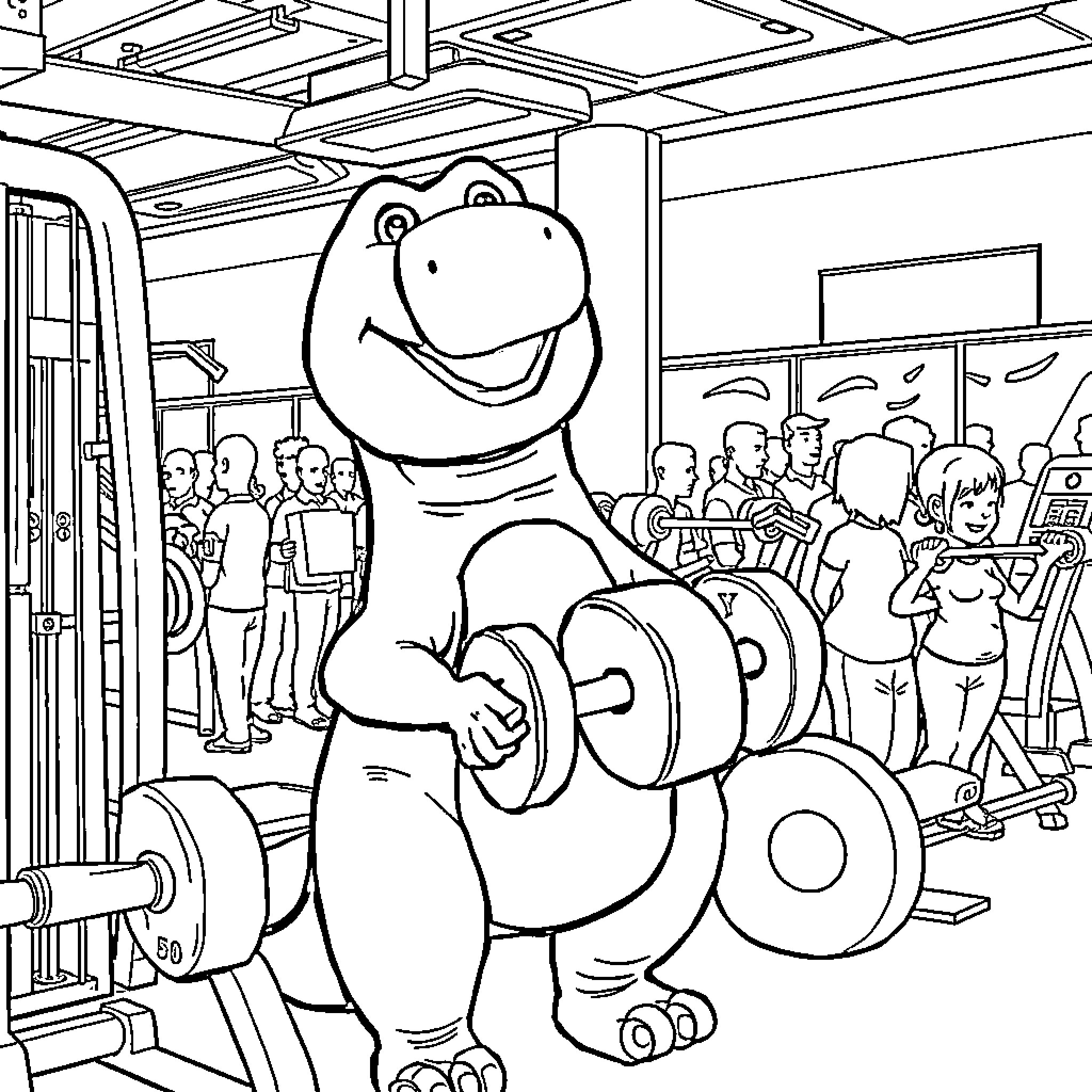 Barney the Dinosaur Lifts Weights at the Gym Coloring Page (free black-and-white line drawing printable PDF for all, from beginners to advanced learners, including children, teens, adults, and seniors)
