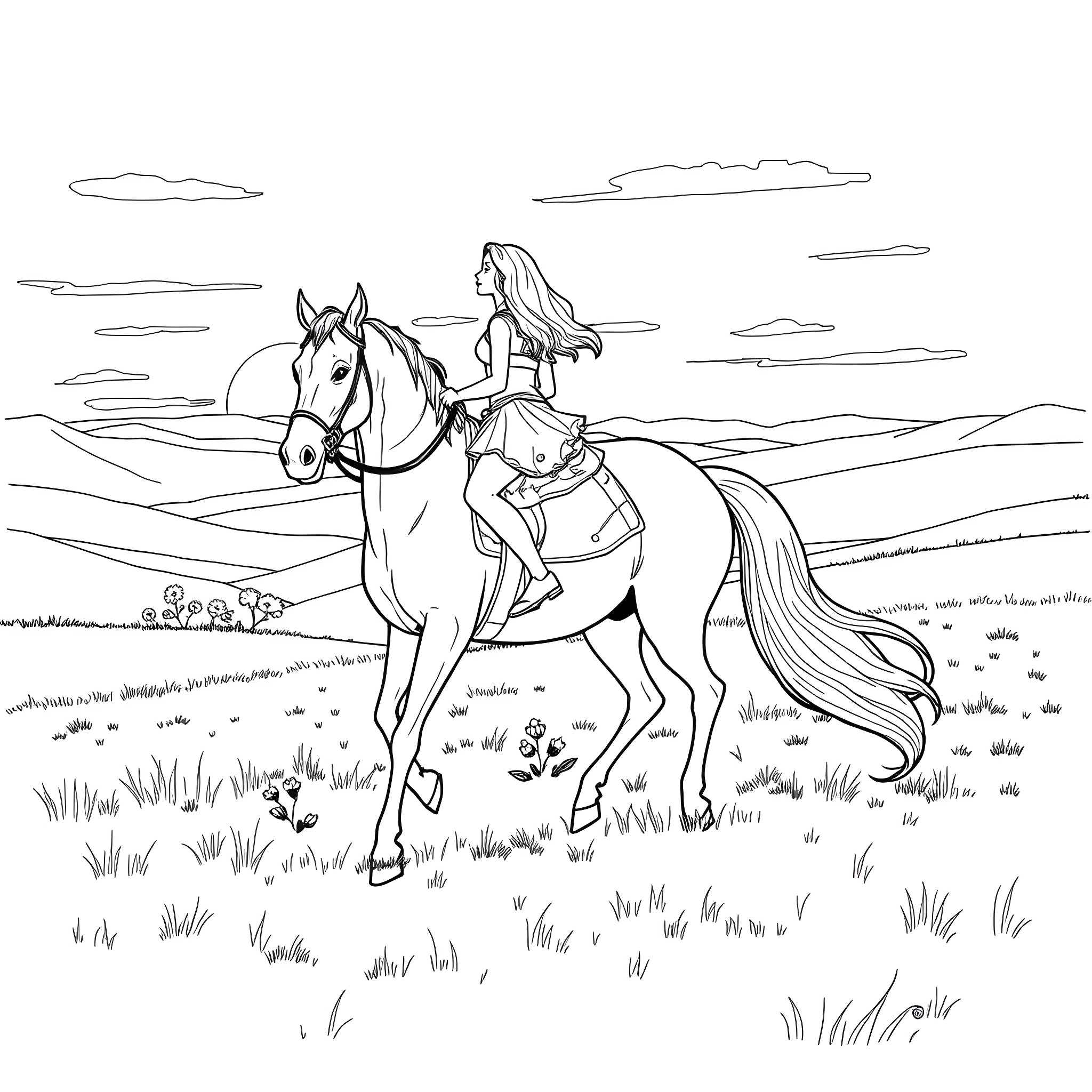 Horse and rider enjoying the scenery Coloring Page (free black-and-white line drawing printable PDF for all, from beginners to advanced learners, including children, teens, adults, and seniors)