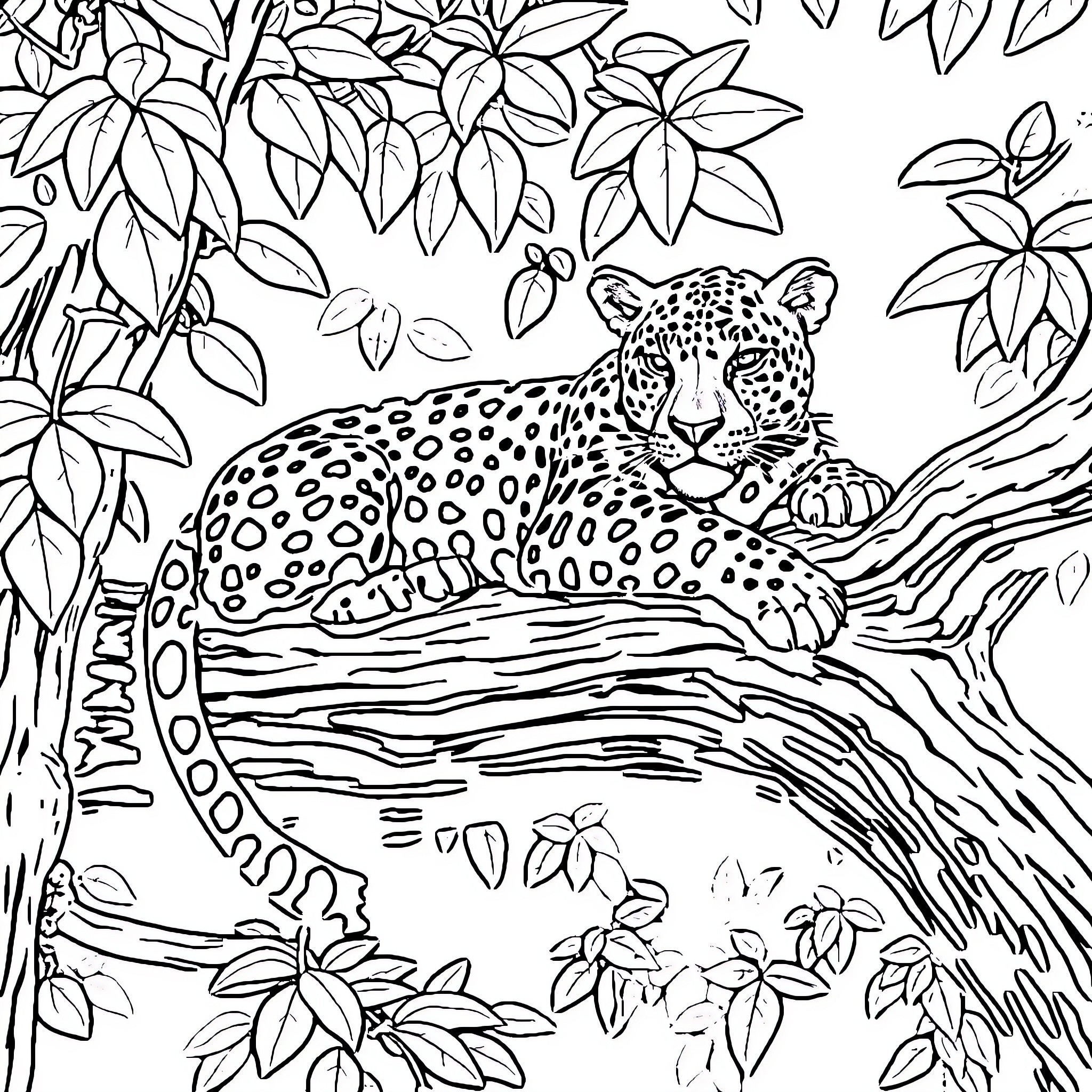 Jaguar resting in lush jungle foliage Coloring Page (free black-and-white line drawing printable PDF for all, from beginners to advanced learners, including children, teens, adults, and seniors)