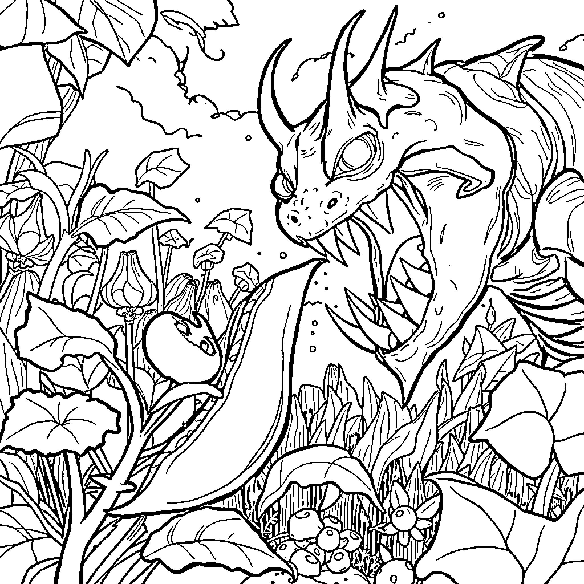Gatling Pea: Fantastical Creatures in Lush Foliage Coloring Page (free black-and-white line drawing printable PDF for all, from beginners to advanced learners, including children, teens, adults, and seniors)