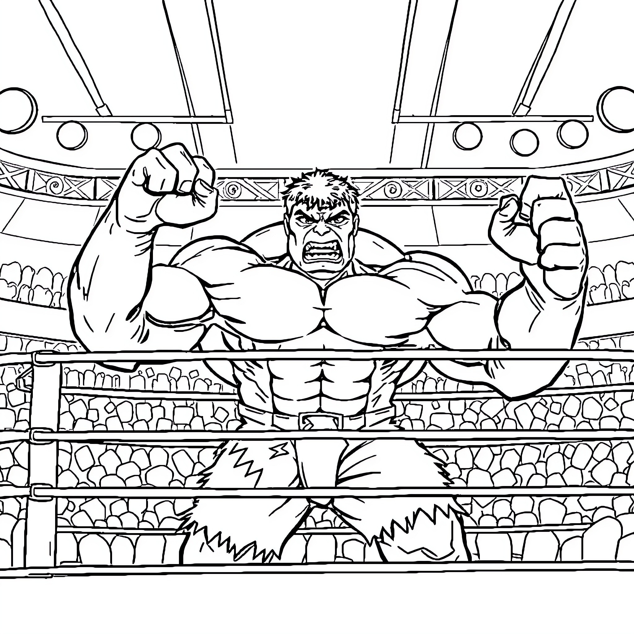 Hulk Flexing Muscles in Wrestling Arena Coloring Page (free black-and-white line drawing printable PDF for all, from beginners to advanced learners, including children, teens, adults, and seniors)