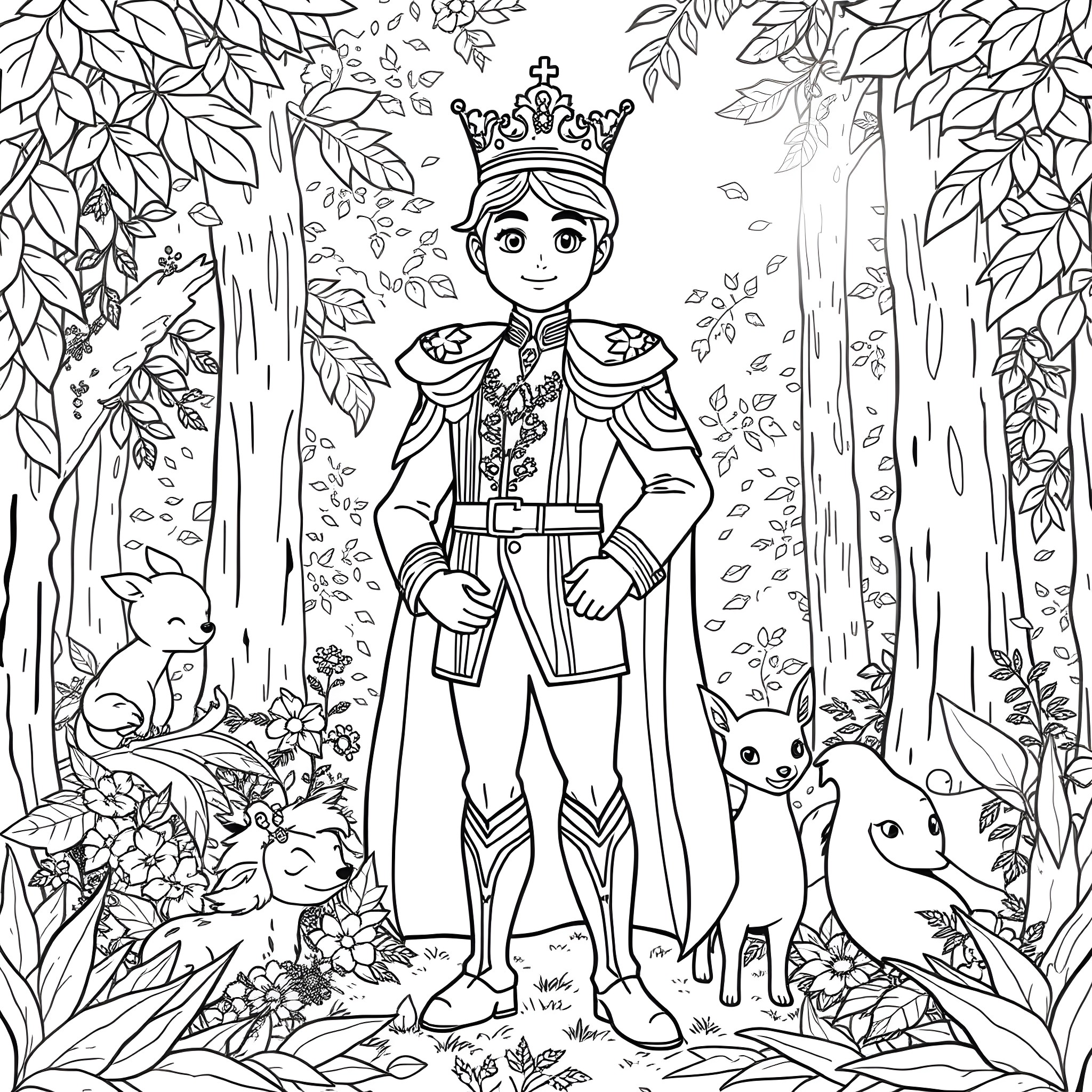 Prince exploring the enchanted forest with forest animals Coloring Page (free black-and-white line drawing printable PDF for all, from beginners to advanced learners, including children, teens, adults, and seniors)