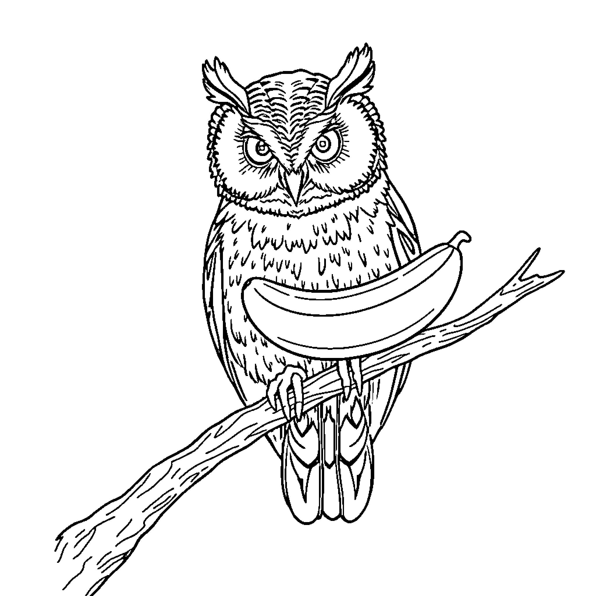 Owl with Banana Perched on Branch Coloring Page (free black-and-white line drawing printable PDF for all, from beginners to advanced learners, including children, teens, adults, and seniors)