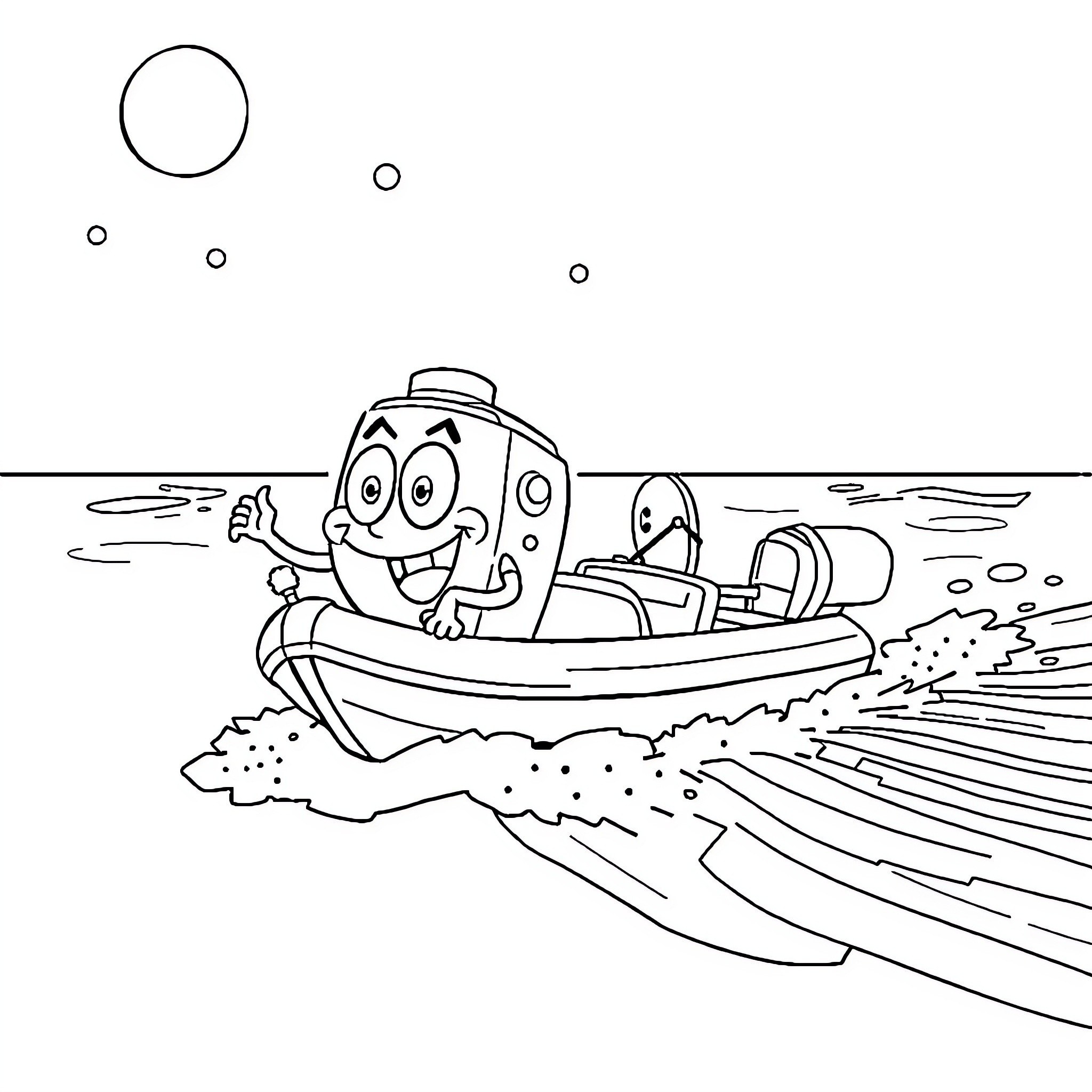 Spongebob riding a boat in the ocean Coloring Page (free black-and-white line drawing printable PDF for all, from beginners to advanced learners, including children, teens, adults, and seniors)