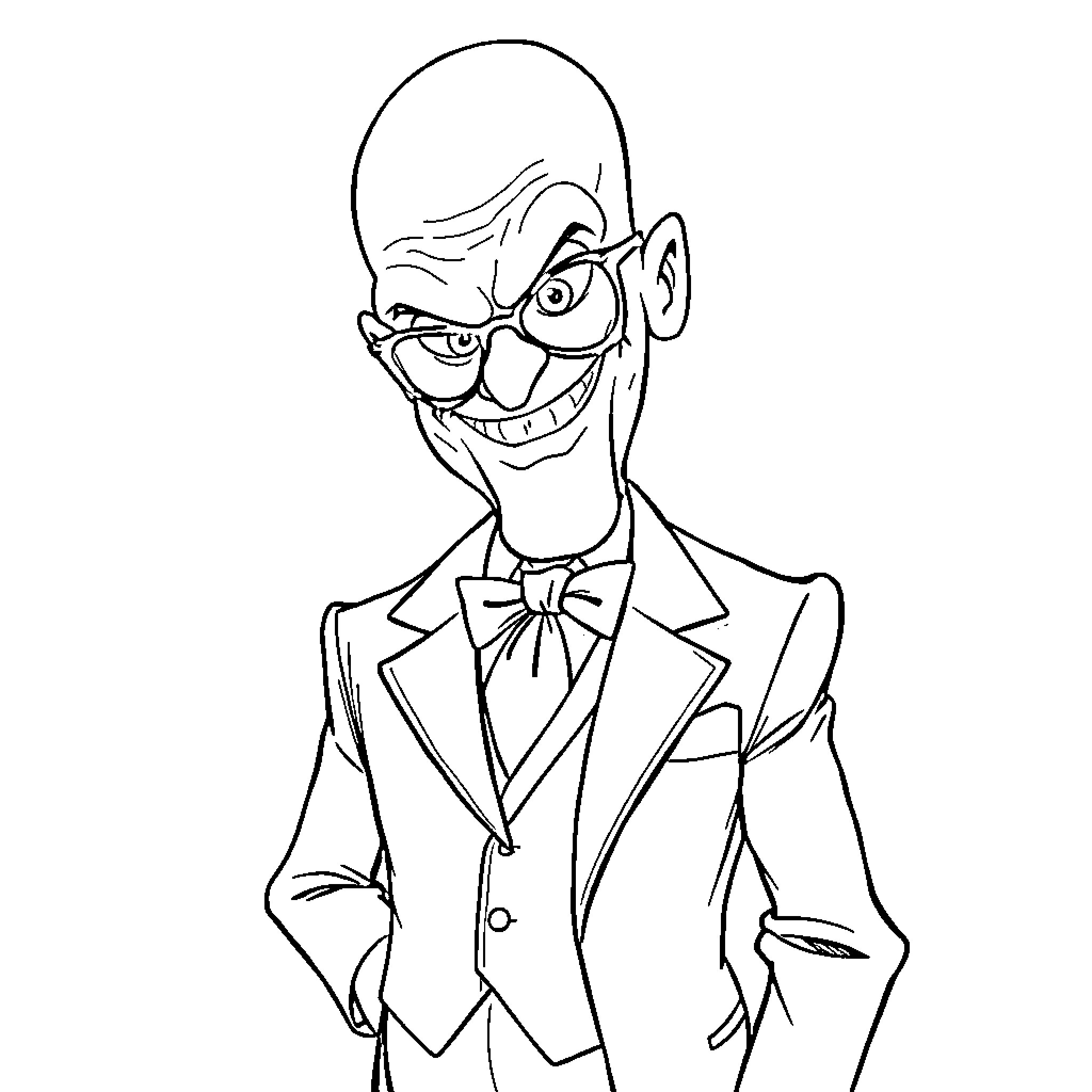 Dr. Evil's Sinister Grin and Dapper Attire Coloring Page (free black-and-white line drawing printable PDF for all, from beginners to advanced learners, including children, teens, adults, and seniors)