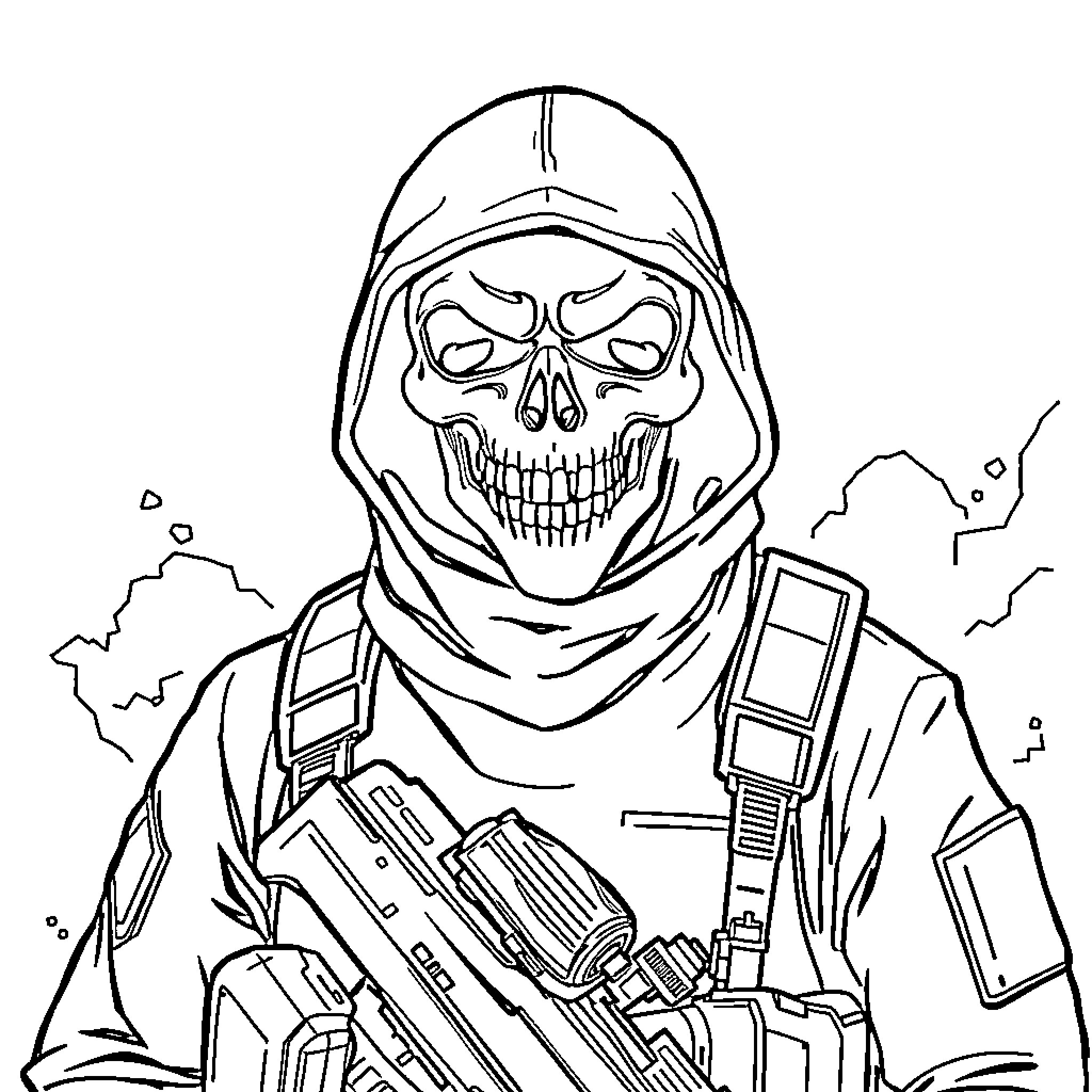 Simon Ghost Riley in combat attire with weaponry Coloring Page (free black-and-white line drawing printable PDF for all, from beginners to advanced learners, including children, teens, adults, and seniors)