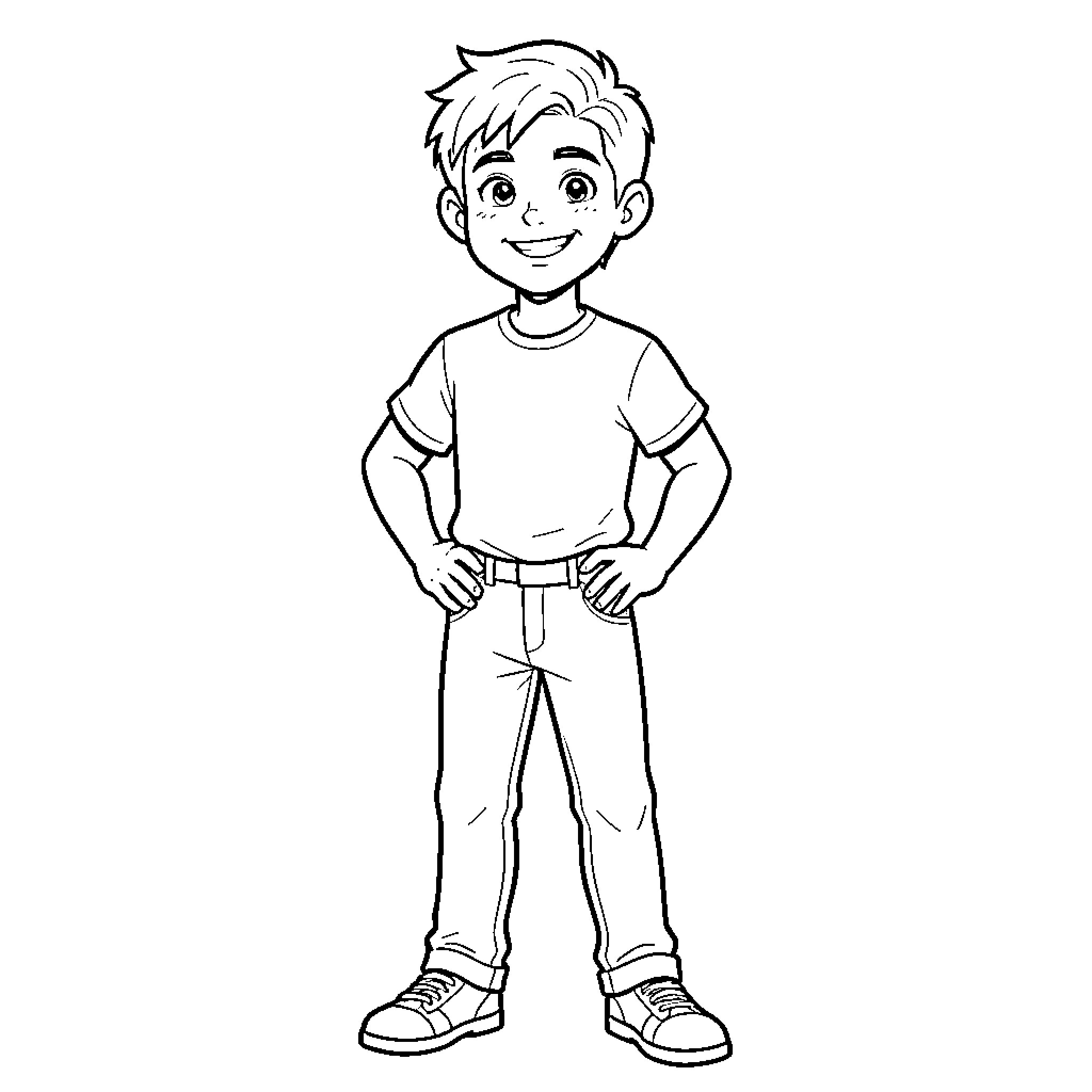 Zane standing confidently with hands on hips Coloring Page (free black-and-white line drawing printable PDF for all, from beginners to advanced learners, including children, teens, adults, and seniors)