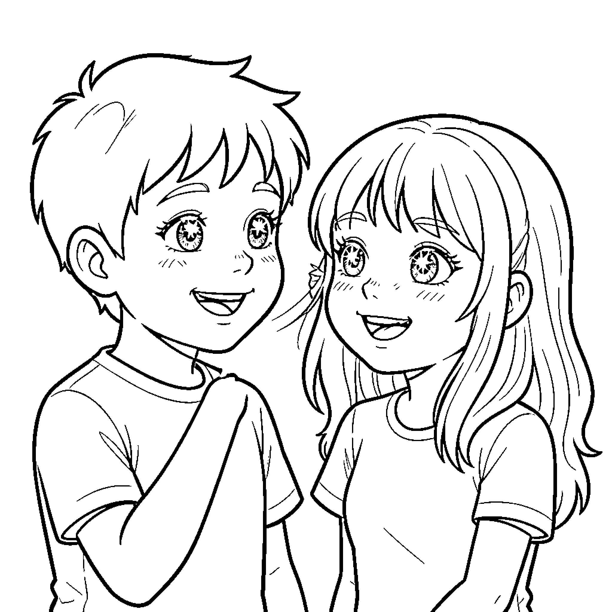 Child friends smiling happily together Coloring Page (free black-and-white line drawing printable PDF for all, from beginners to advanced learners, including children, teens, adults, and seniors)