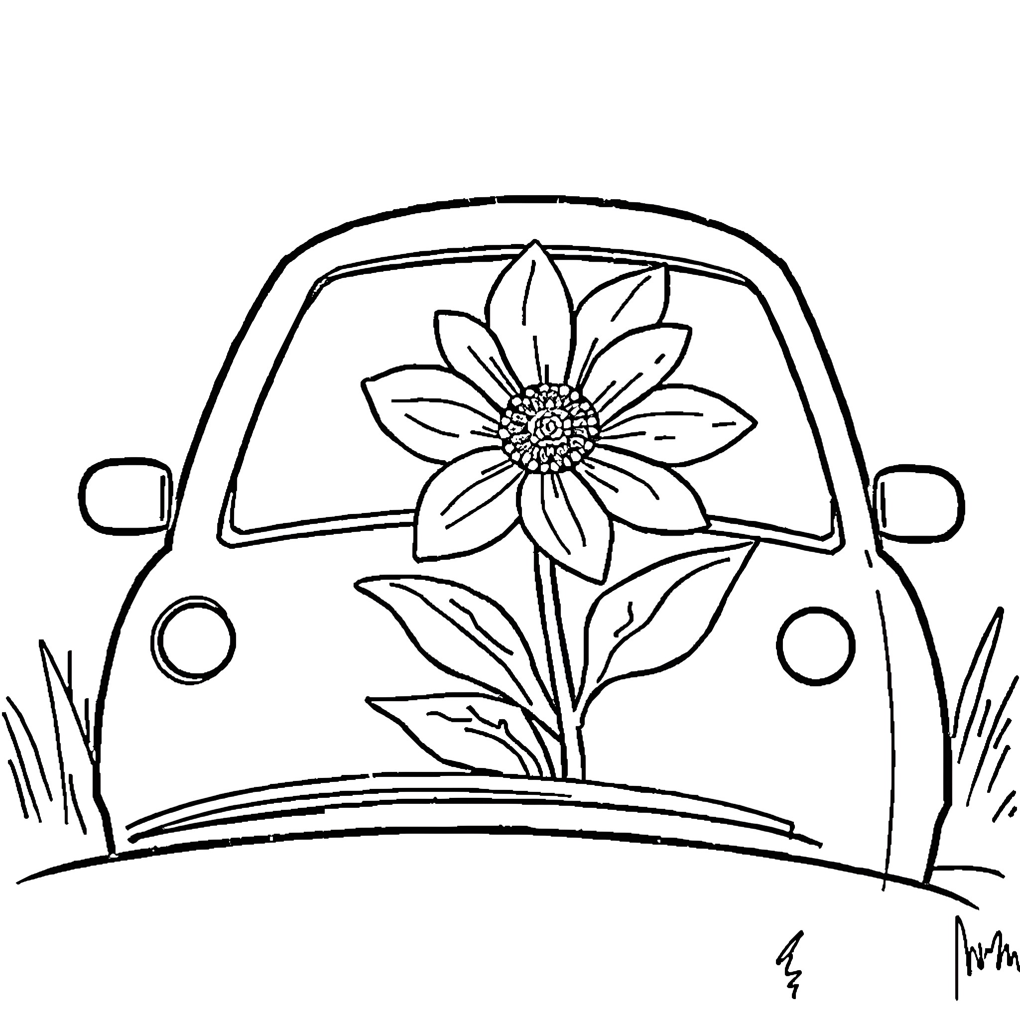 Flower Car Outline Illustration Coloring Page (free black-and-white line drawing printable PDF for all, from beginners to advanced learners, including children, teens, adults, and seniors)