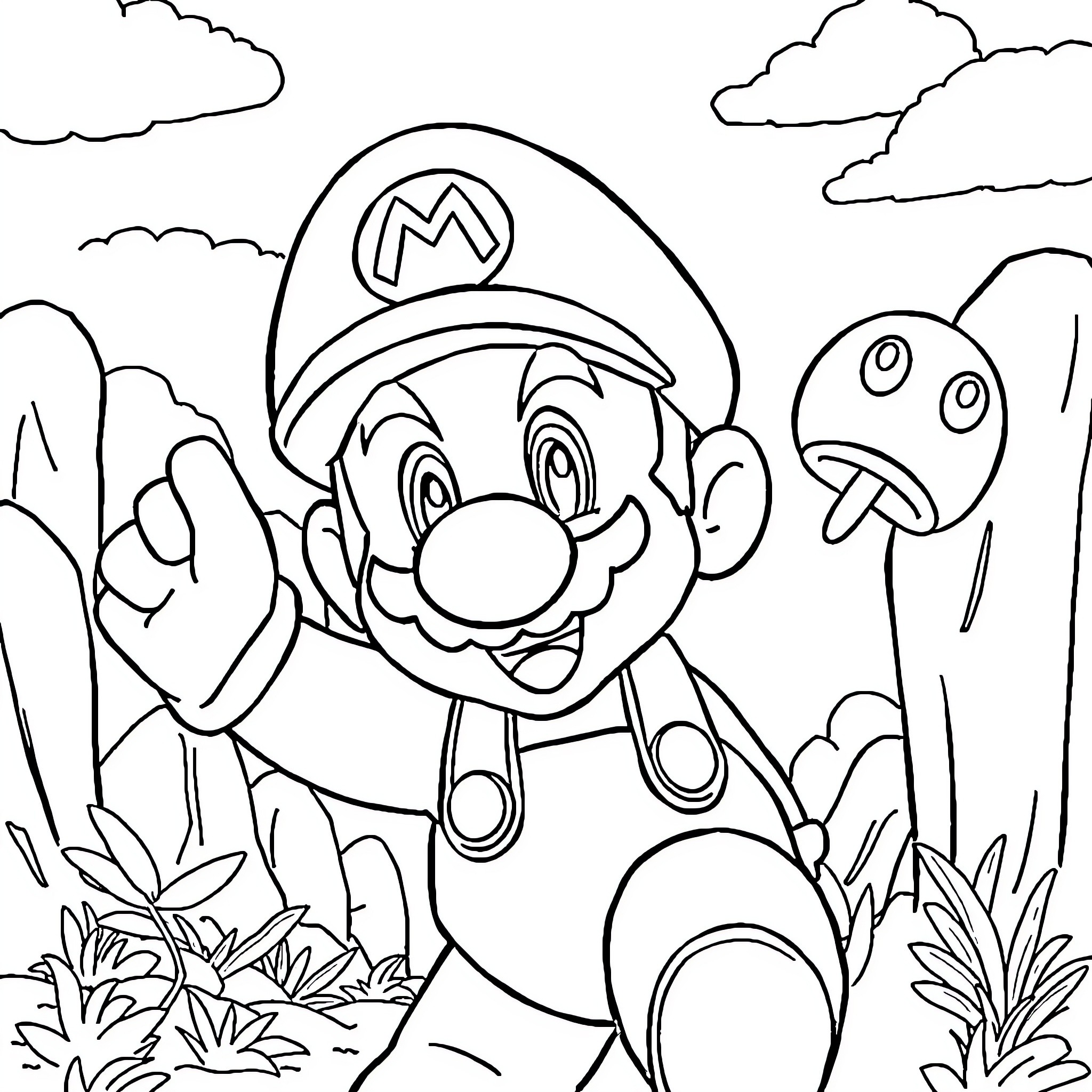 Mario Exploring the Outdoors Happily Coloring Page (free black-and-white line drawing printable PDF for all, from beginners to advanced learners, including children, teens, adults, and seniors)