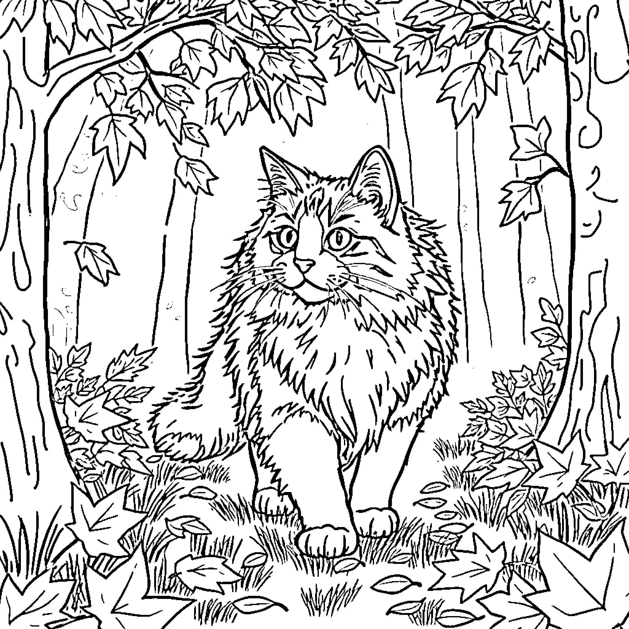 Maine Coon Cat in Autumn Woodland Scene Coloring Page (free black-and-white line drawing printable PDF for all, from beginners to advanced learners, including children, teens, adults, and seniors)