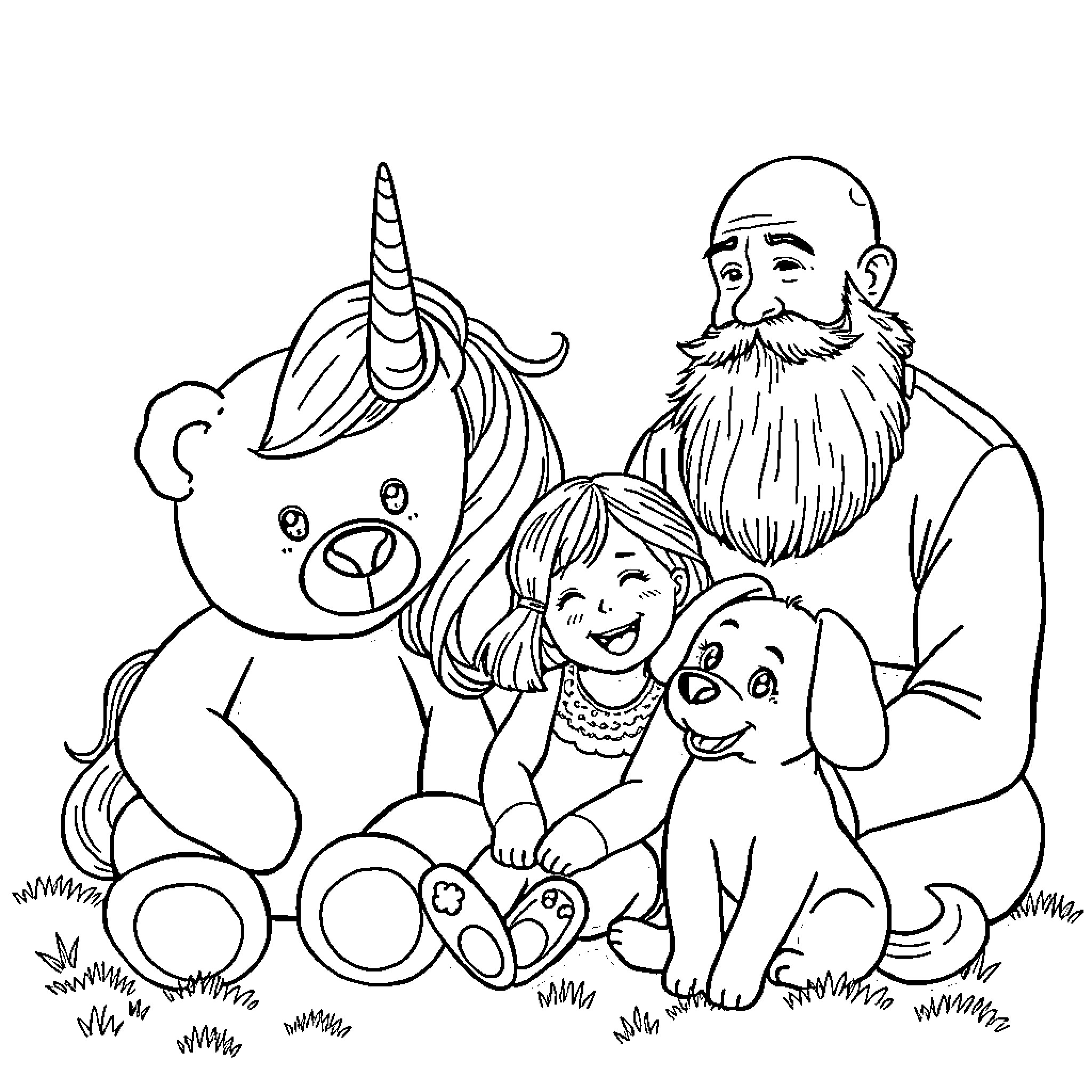 Teddy Bear and Friends Enjoying Outdoor Playtime Coloring Page (free black-and-white line drawing printable PDF for all, from beginners to advanced learners, including children, teens, adults, and seniors)