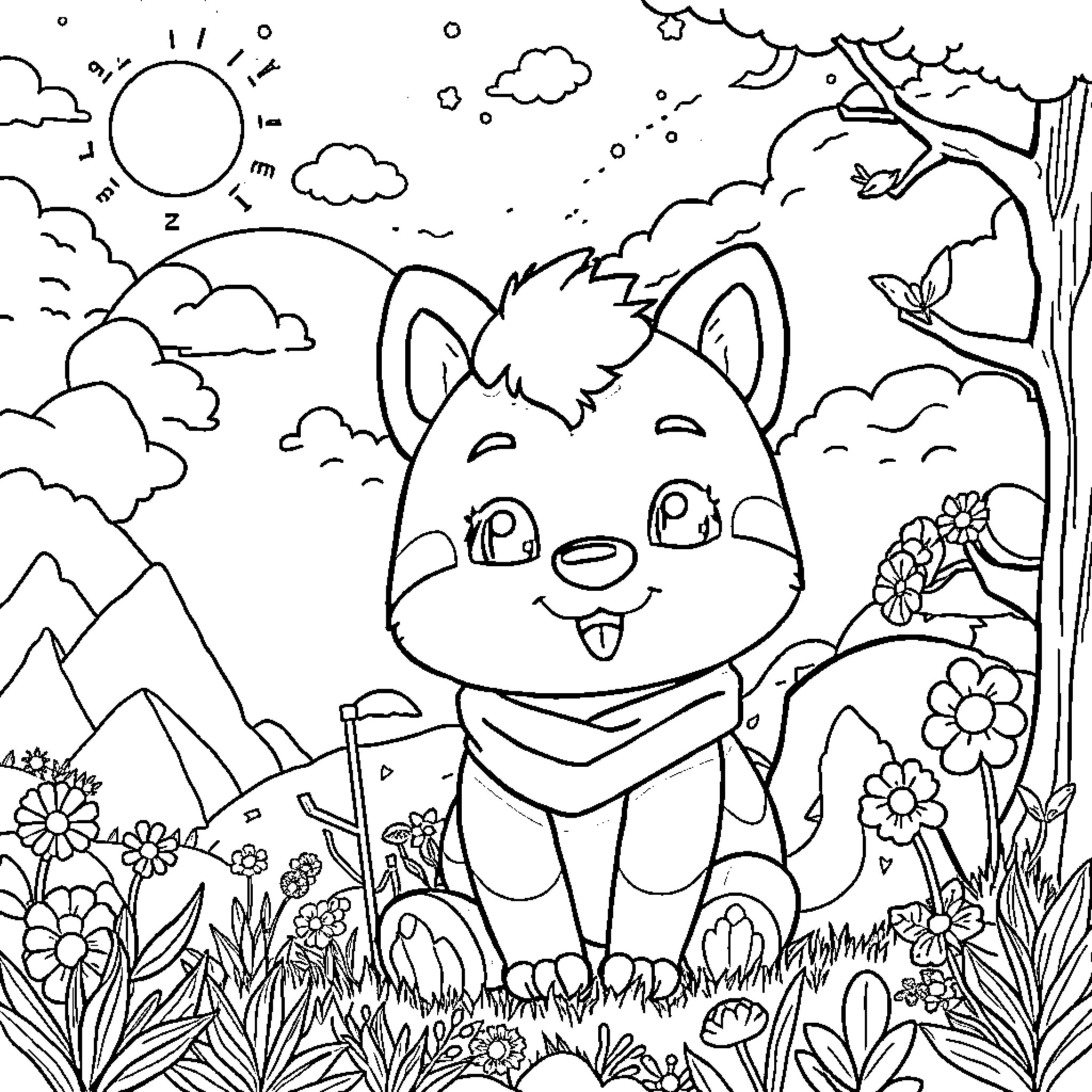 Hyunjin's Playful Adventure in the Nature Coloring Page (free black-and-white line drawing printable PDF for all, from beginners to advanced learners, including children, teens, adults, and seniors)