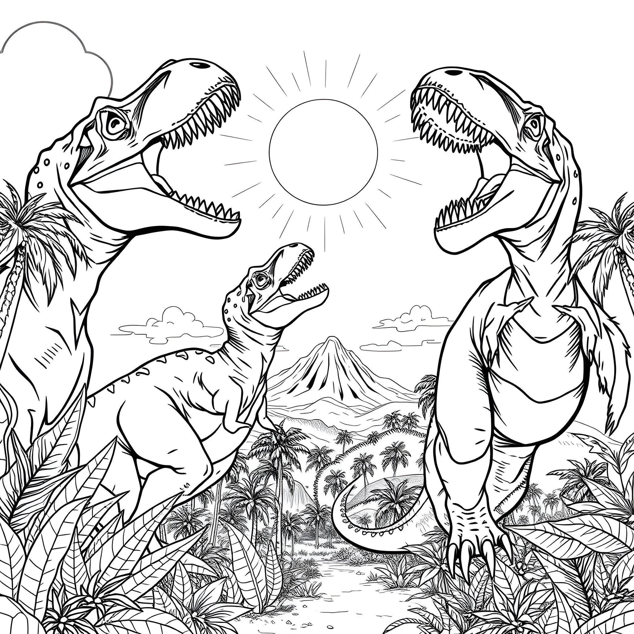 Dinosaurs Roaring in the Prehistoric Landscape Coloring Page (free black-and-white line drawing printable PDF for all, from beginners to advanced learners, including children, teens, adults, and seniors)