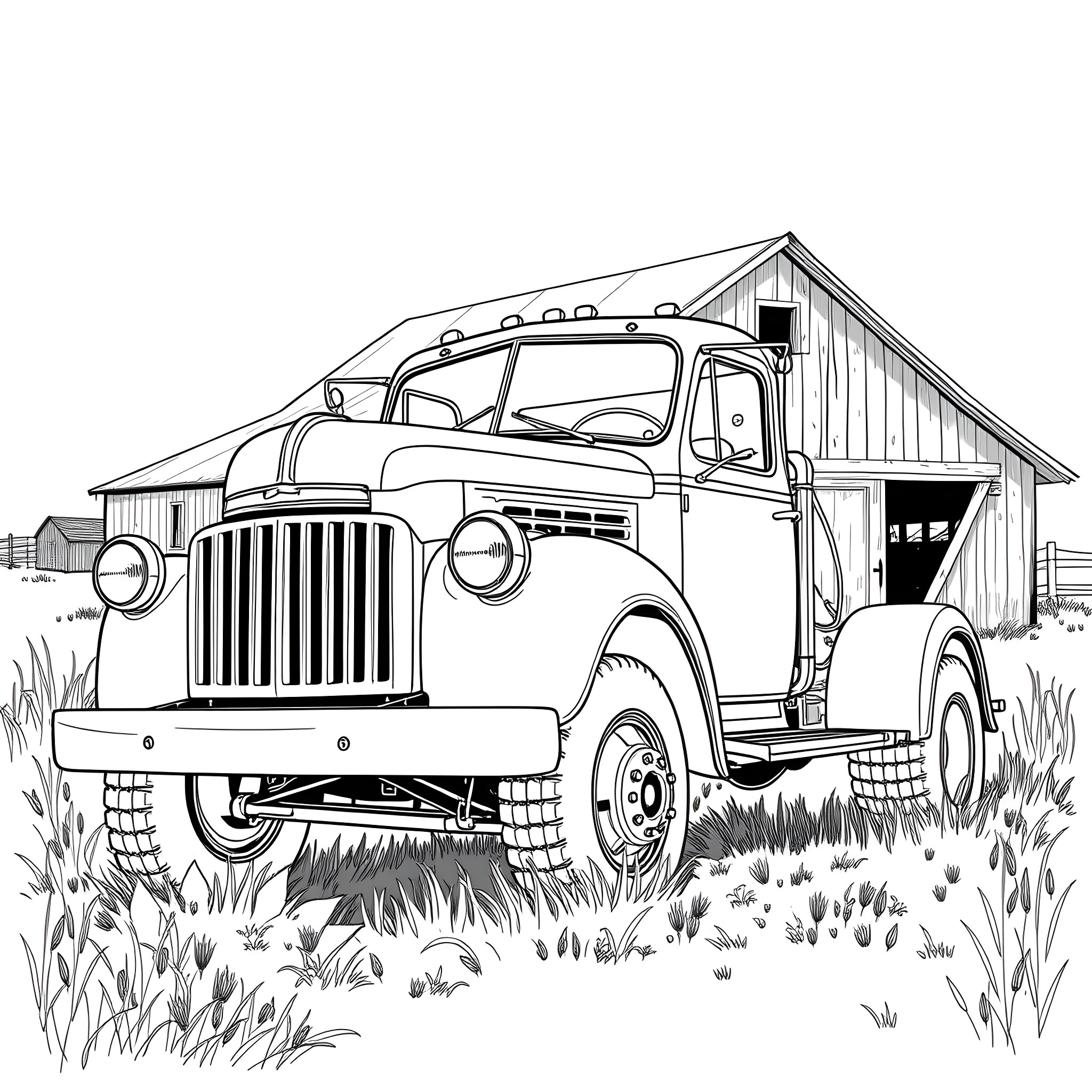 Truck with barn in countryside scene Coloring Page (free black-and-white line drawing printable PDF for all, from beginners to advanced learners, including children, teens, adults, and seniors)
