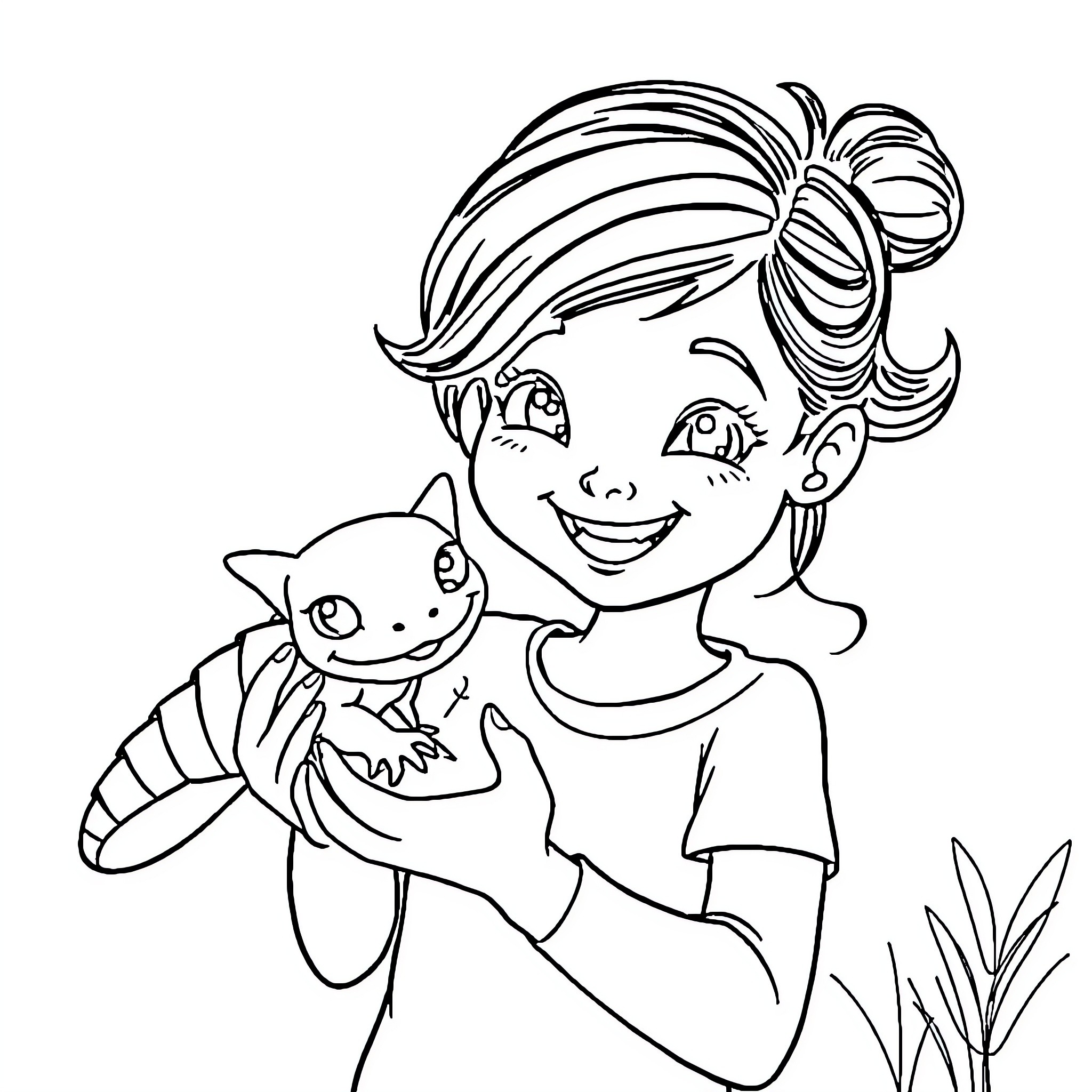 Axolotl and a smiling young person Coloring Page (free black-and-white line drawing printable PDF for all, from beginners to advanced learners, including children, teens, adults, and seniors)