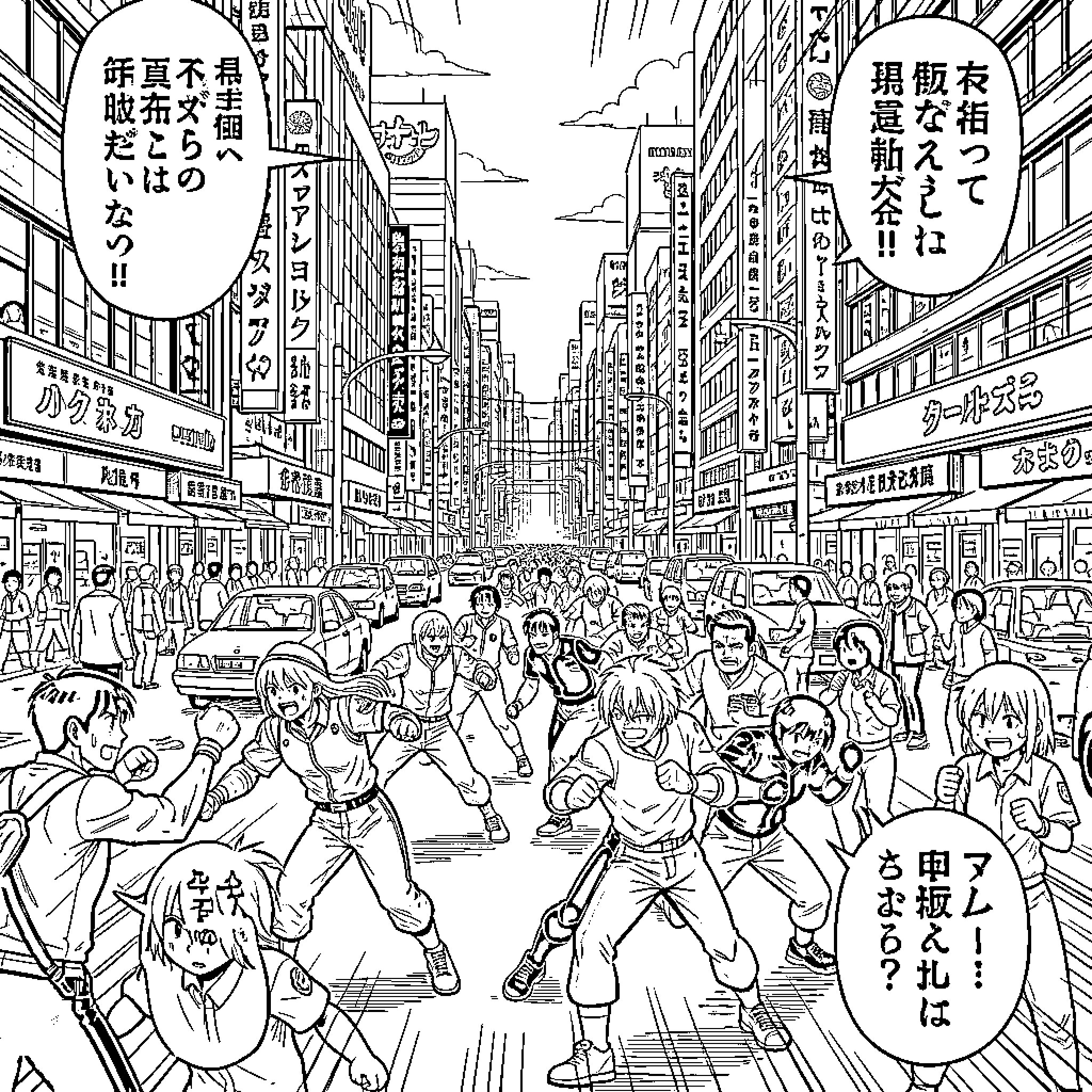 Manga Protagonist and friends running through a city street Coloring Page (free black-and-white line drawing printable PDF for all, from beginners to advanced learners, including children, teens, adults, and seniors)