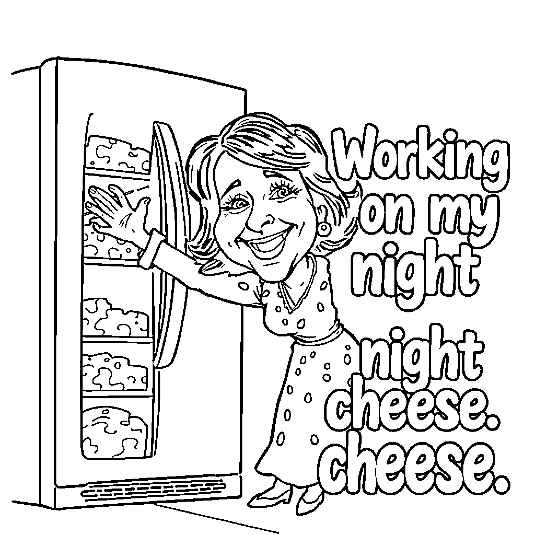 Tina Fey Humorously Working on Night Cheese Coloring Page (free black-and-white line drawing printable PDF for all, from beginners to advanced learners, including children, teens, adults, and seniors)