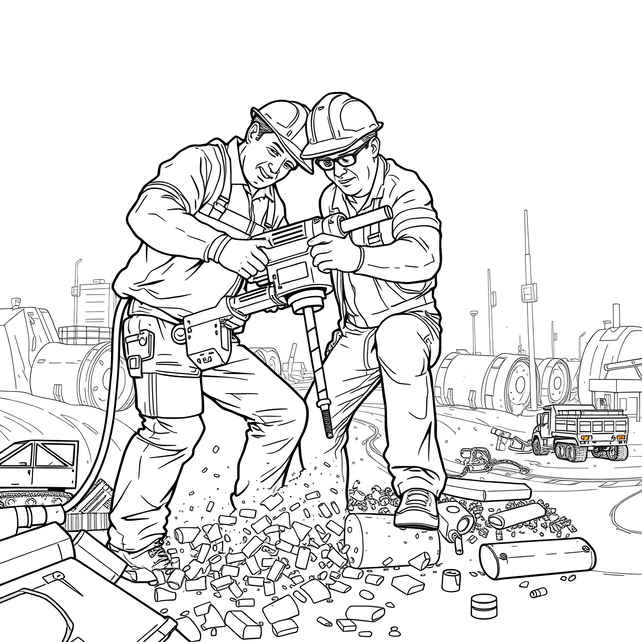 Workers using power tools on construction site Coloring Page (free black-and-white line drawing printable PDF for all, from beginners to advanced learners, including children, teens, adults, and seniors)