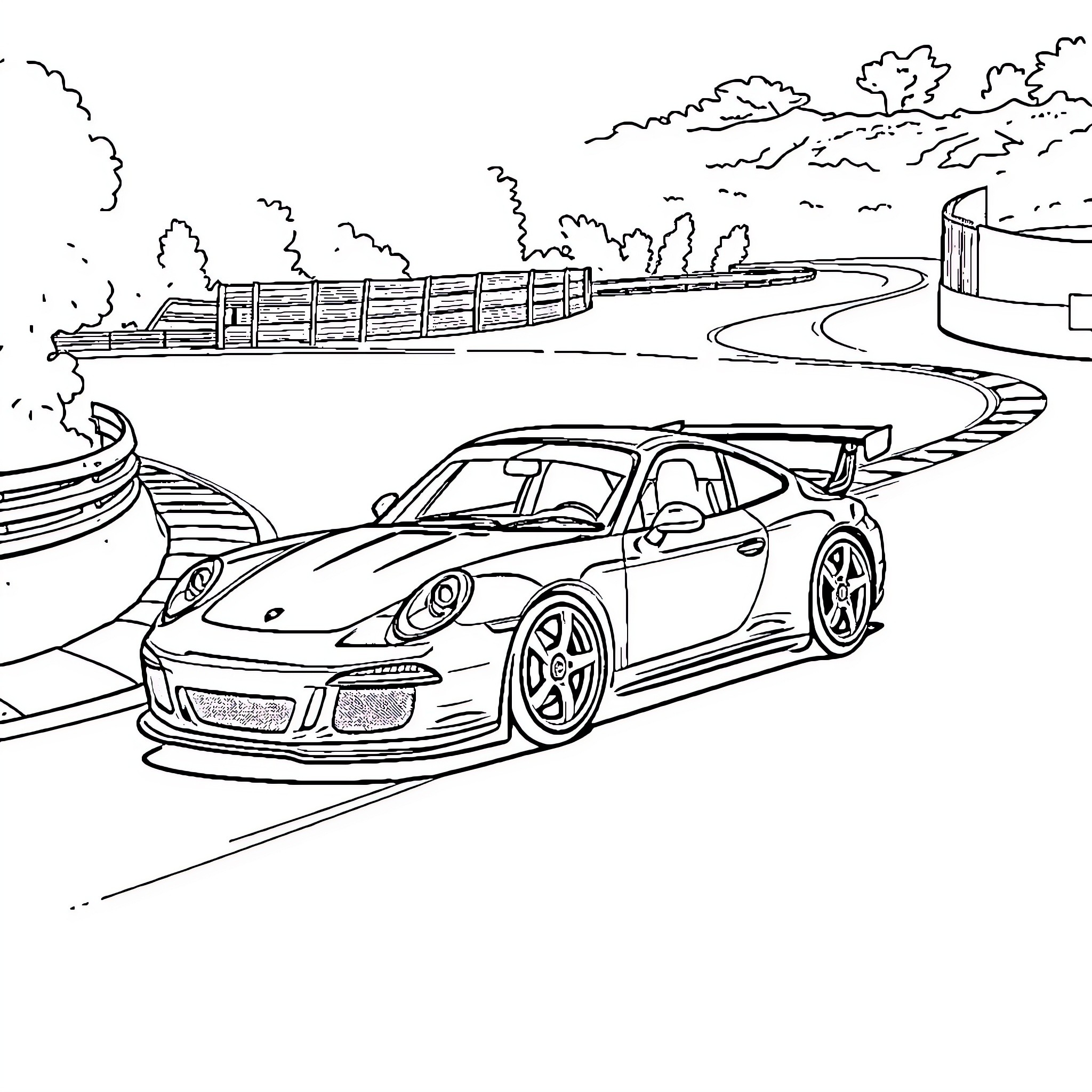 Porsche sports car racing on a winding road Coloring Page (free black-and-white line drawing printable PDF for all, from beginners to advanced learners, including children, teens, adults, and seniors)