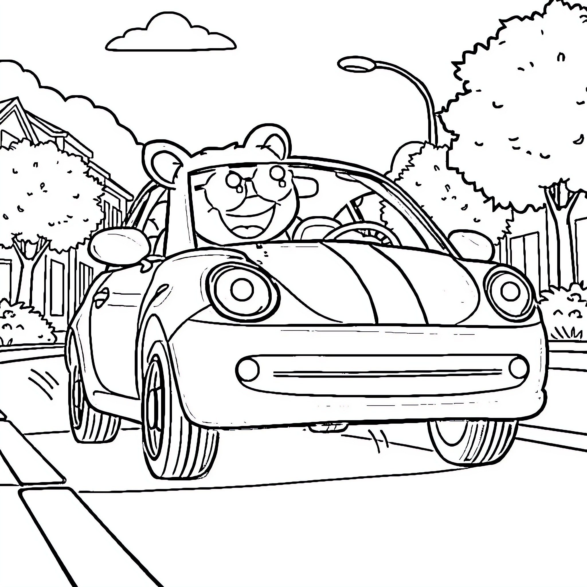 Bluey driving a car through the neighborhood Coloring Page (free black-and-white line drawing printable PDF for all, from beginners to advanced learners, including children, teens, adults, and seniors)