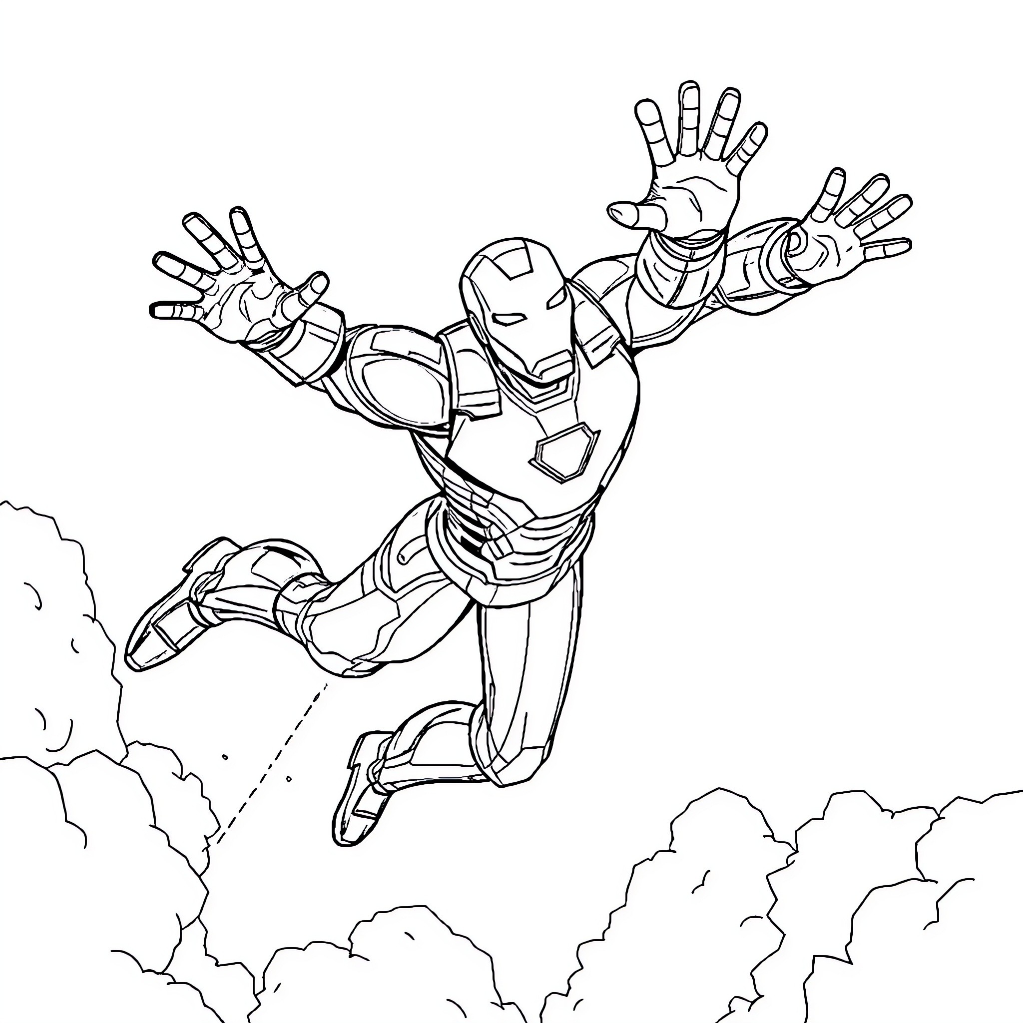 Iron Man soaring through the air with outstretched arms Coloring Page (free black-and-white line drawing printable PDF for all, from beginners to advanced learners, including children, teens, adults, and seniors)