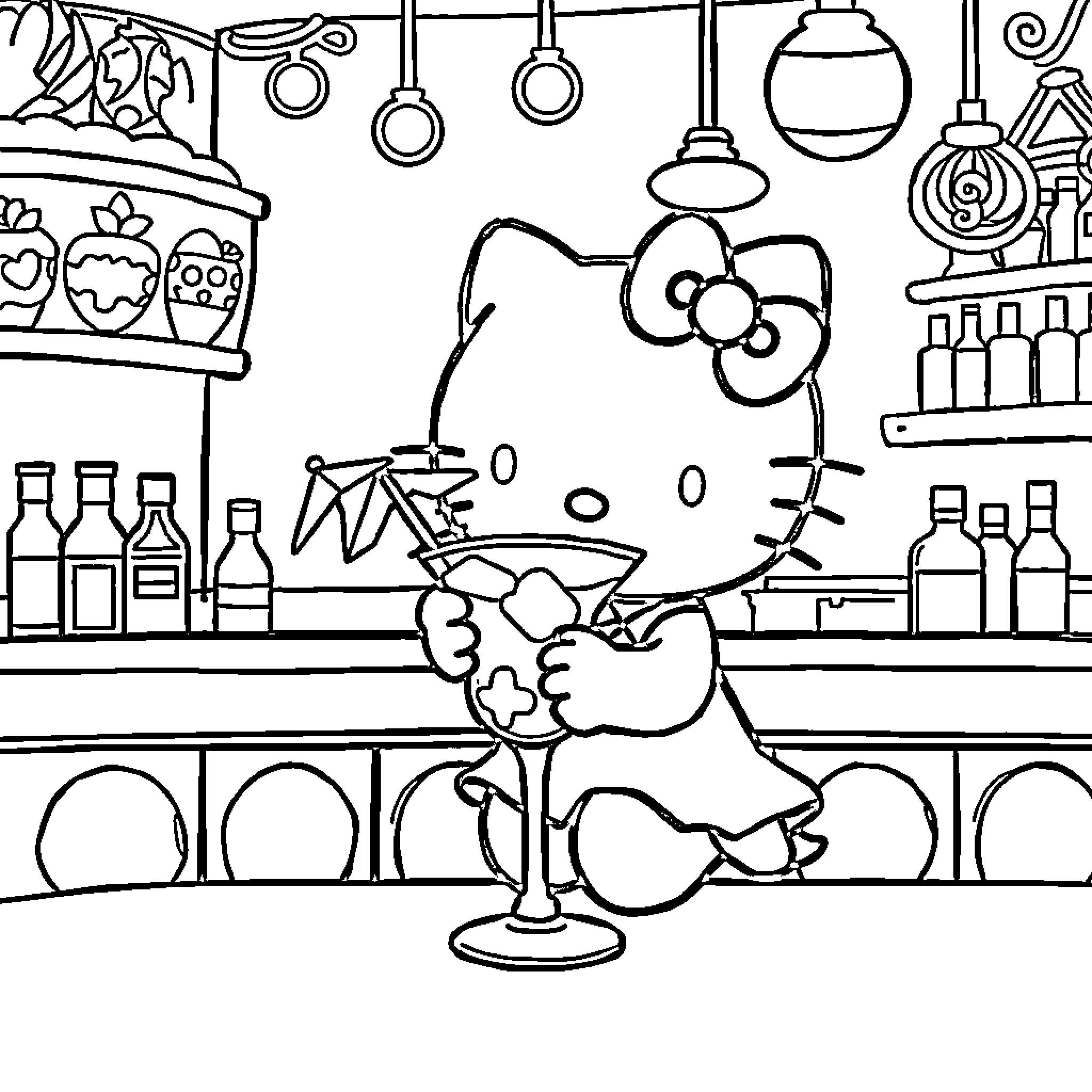 Hello Kitty enjoying a refreshing drink at the cafe Coloring Page (free black-and-white line drawing printable PDF for all, from beginners to advanced learners, including children, teens, adults, and seniors)