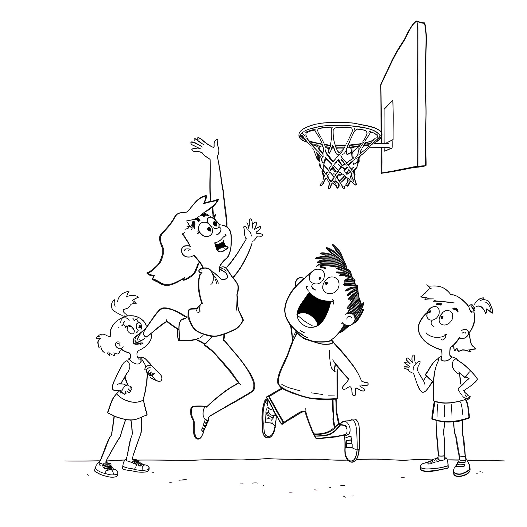 Tina Belcher jumping joyfully with friends in basketball court Coloring Page (free black-and-white line drawing printable PDF for all, from beginners to advanced learners, including children, teens, adults, and seniors)