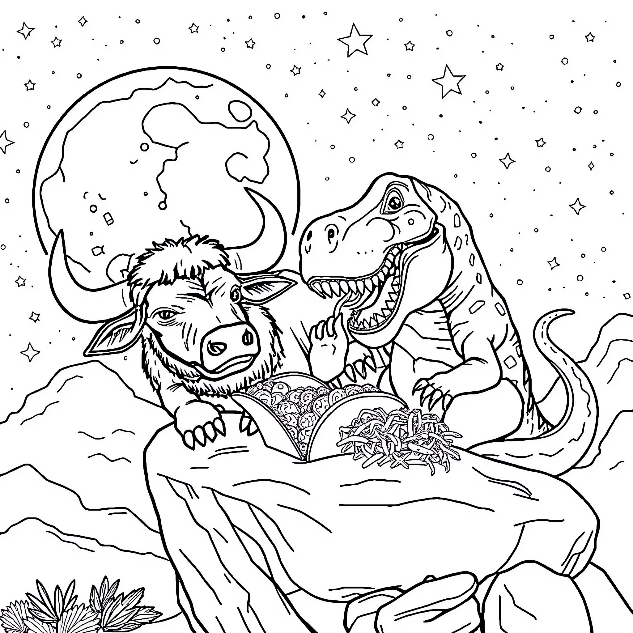 Bull-shaped creature battling dinosaur in starry night Coloring Page (free black-and-white line drawing printable PDF for all, from beginners to advanced learners, including children, teens, adults, and seniors)