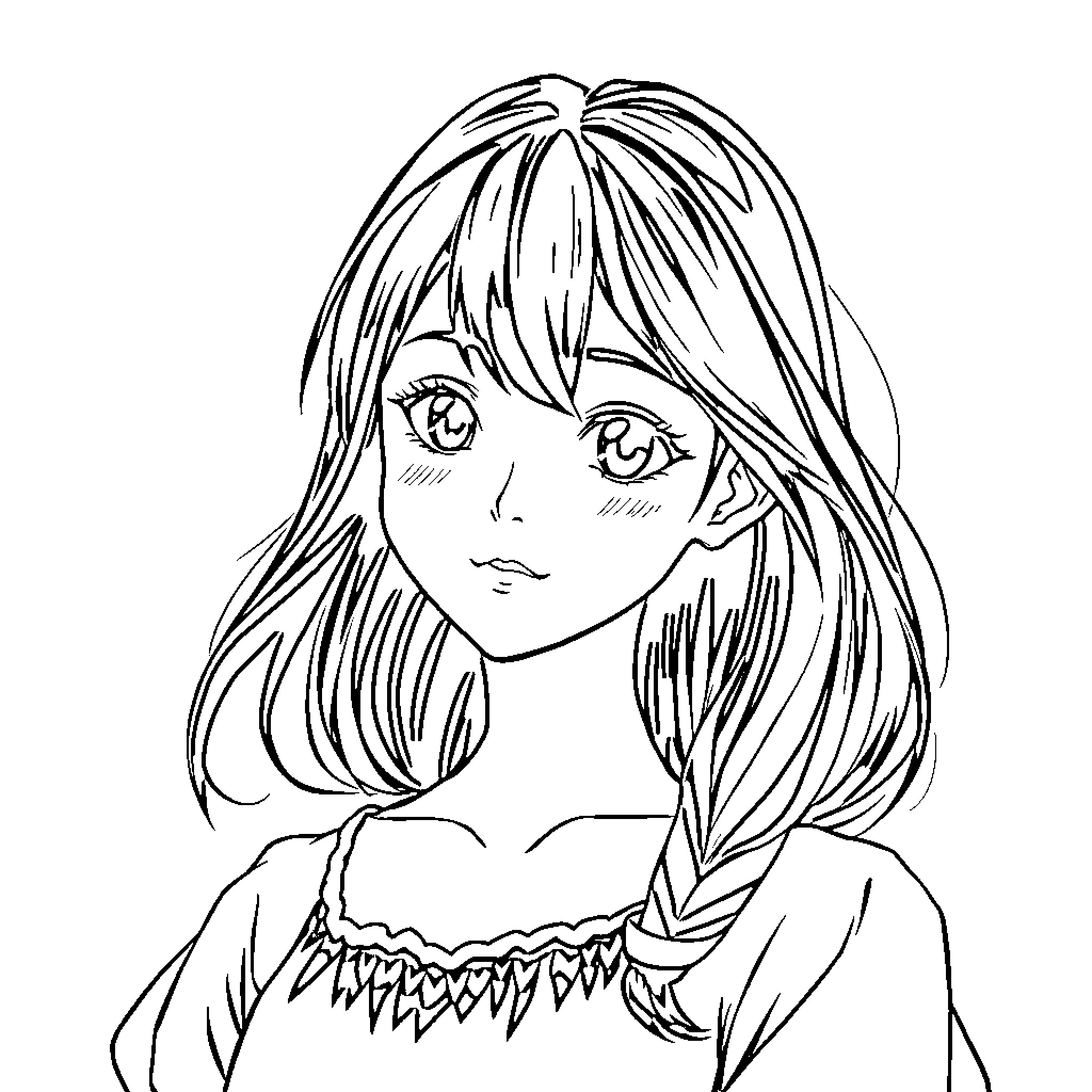 Anime Girl with Long Flowing Hair and Expressive Features Coloring Page (free black-and-white line drawing printable PDF for all, from beginners to advanced learners, including children, teens, adults, and seniors)