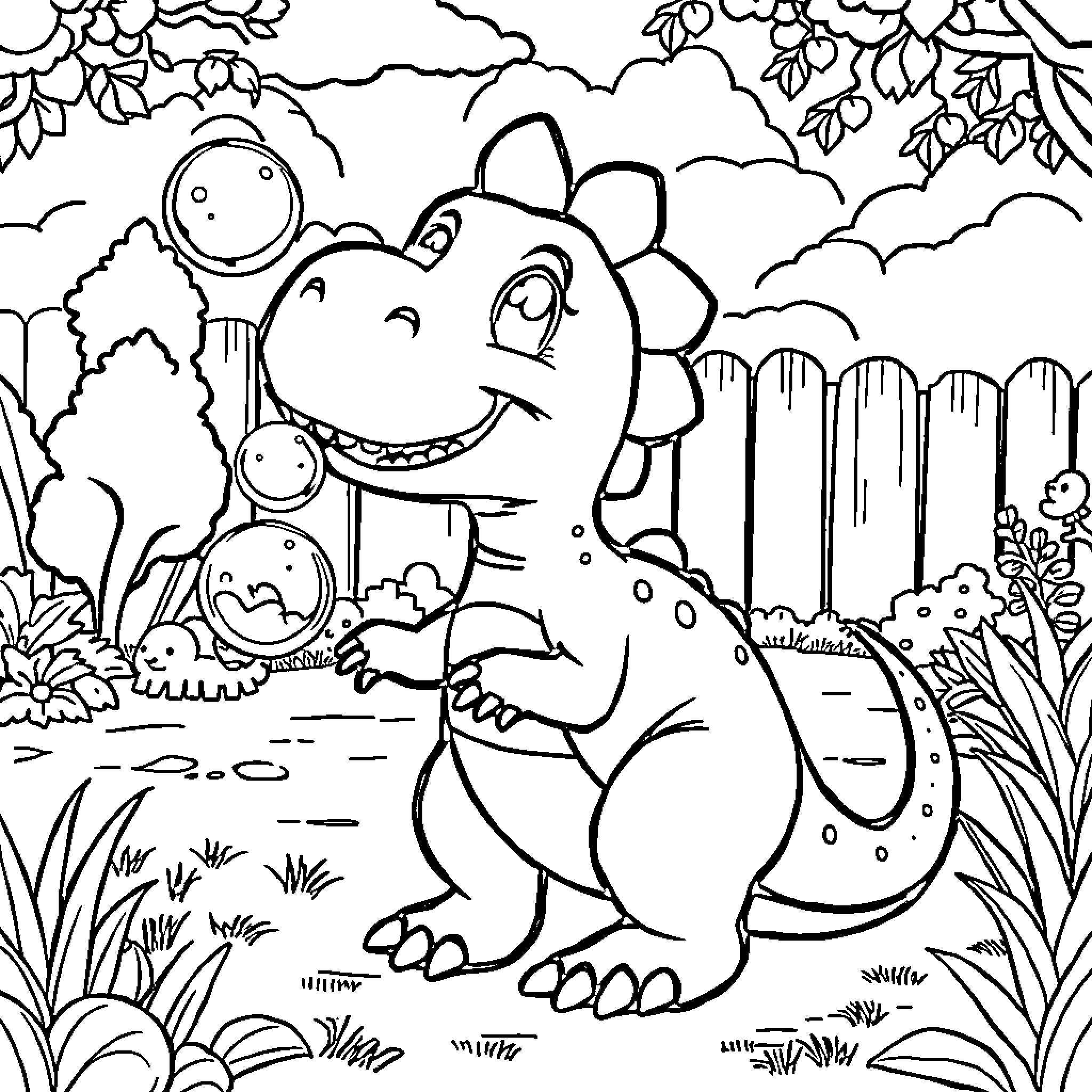 Dino having fun in the forest Coloring Page (free black-and-white line drawing printable PDF for all, from beginners to advanced learners, including children, teens, adults, and seniors)