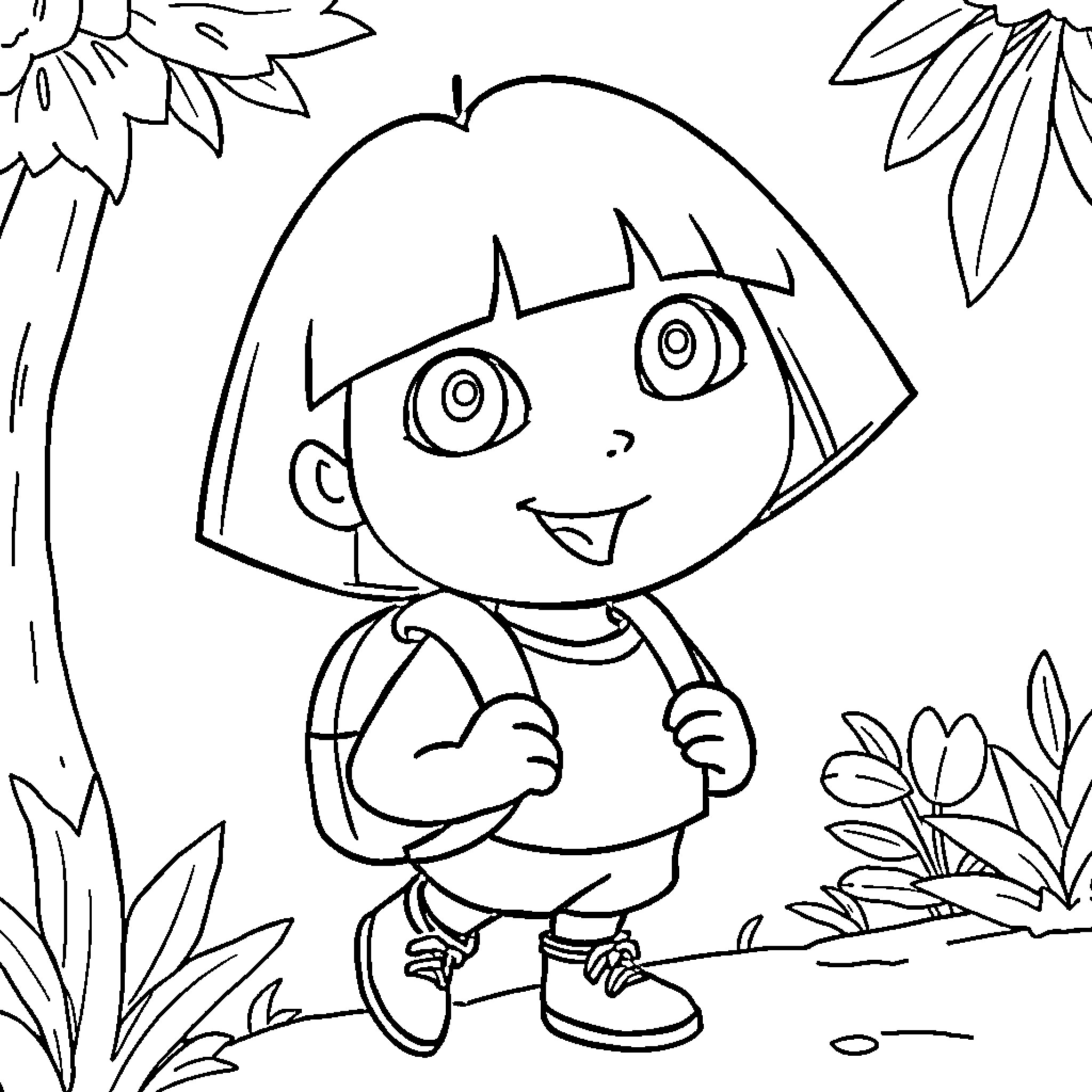 Dora's Adventure in the Lush Garden Coloring Page (free black-and-white line drawing printable PDF for all, from beginners to advanced learners, including children, teens, adults, and seniors)