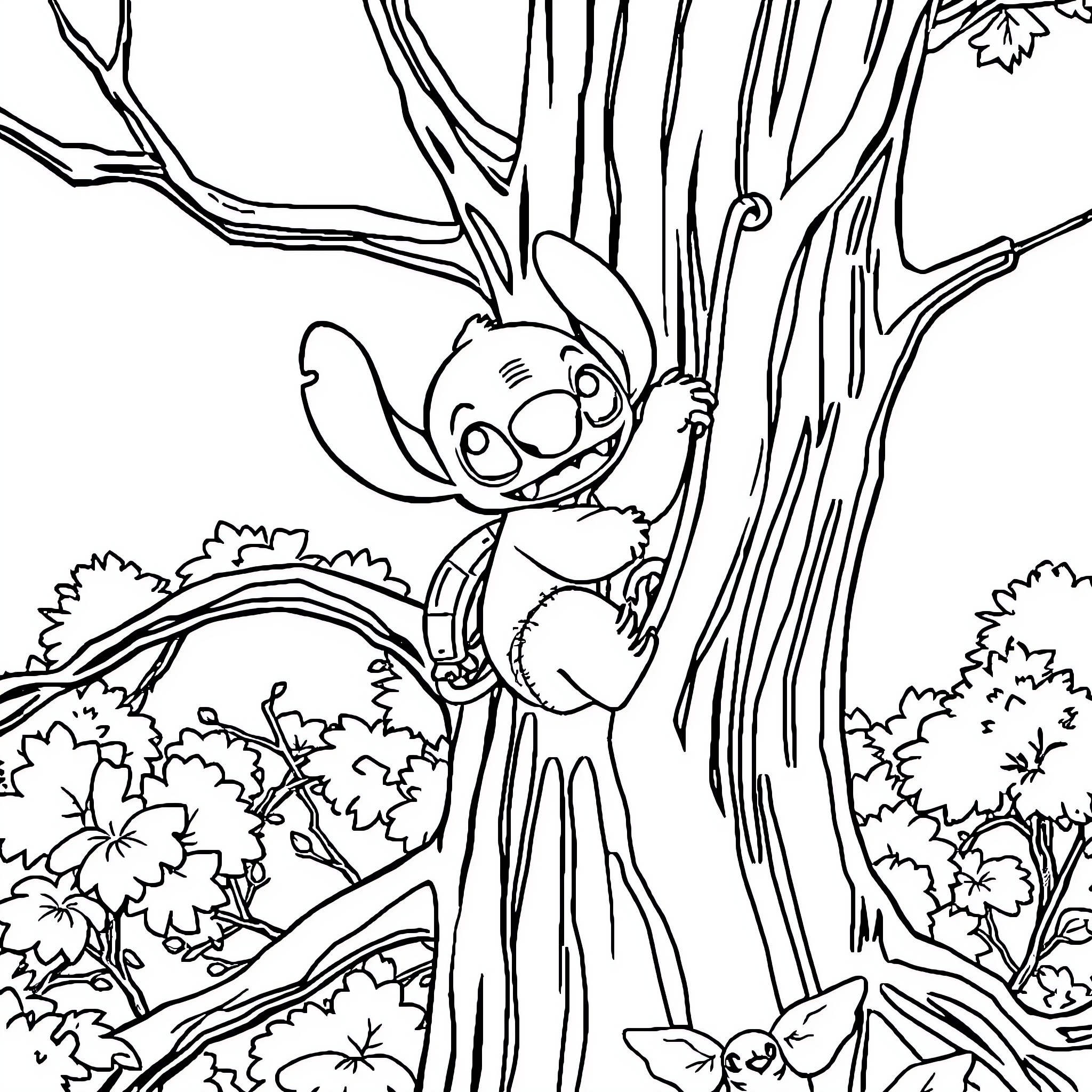 Stitch exploring a whimsical forest scene Coloring Page (free black-and-white line drawing printable PDF for all, from beginners to advanced learners, including children, teens, adults, and seniors)
