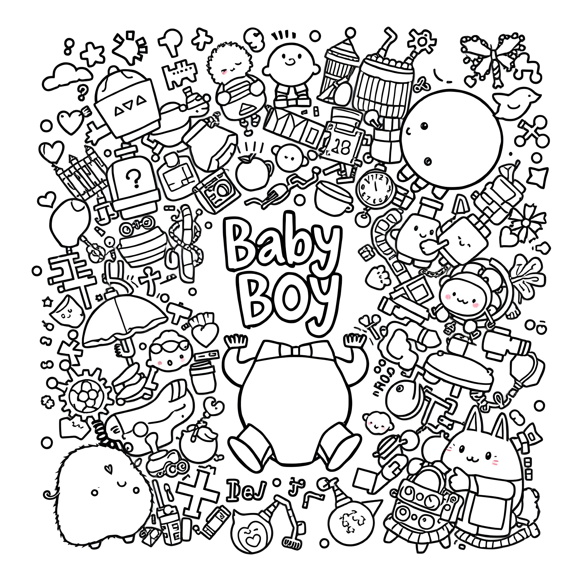 Boy surrounded by baby toys and accessories Coloring Page (free black-and-white line drawing printable PDF for all, from beginners to advanced learners, including children, teens, adults, and seniors)